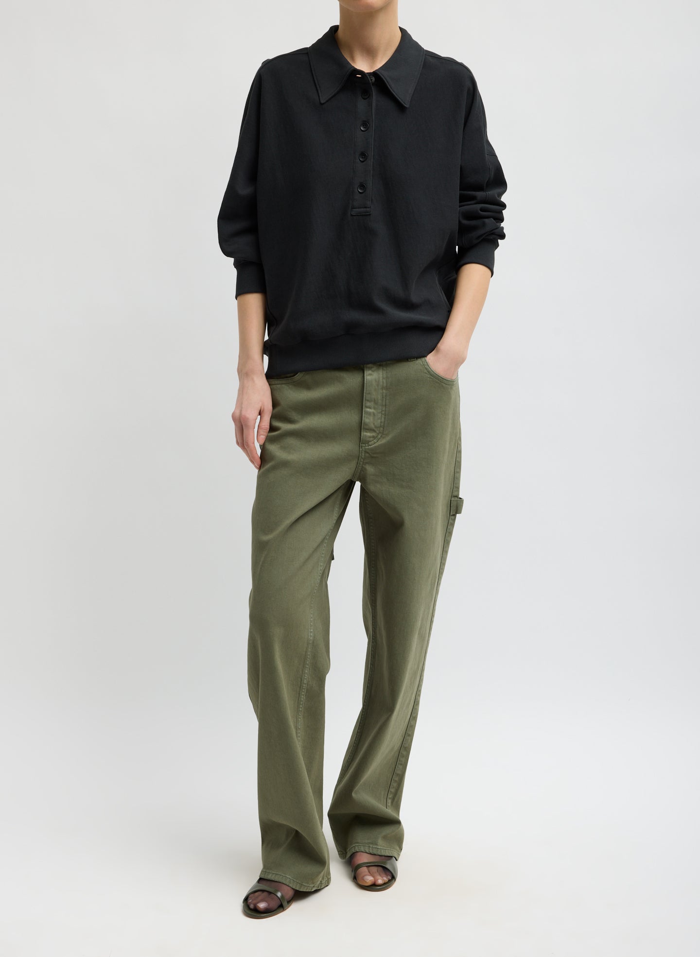 Black Light Weight Sweatshirting Polo Collar Sweatshirt - full look, front view on model