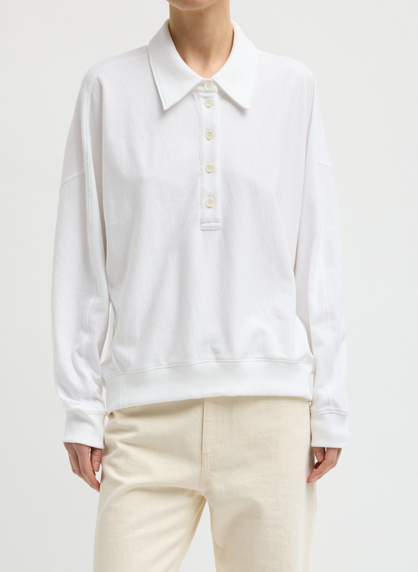 White Light Weight Sweatshirting Polo Collar Sweatshirt - polo sweatshirt, front view on model