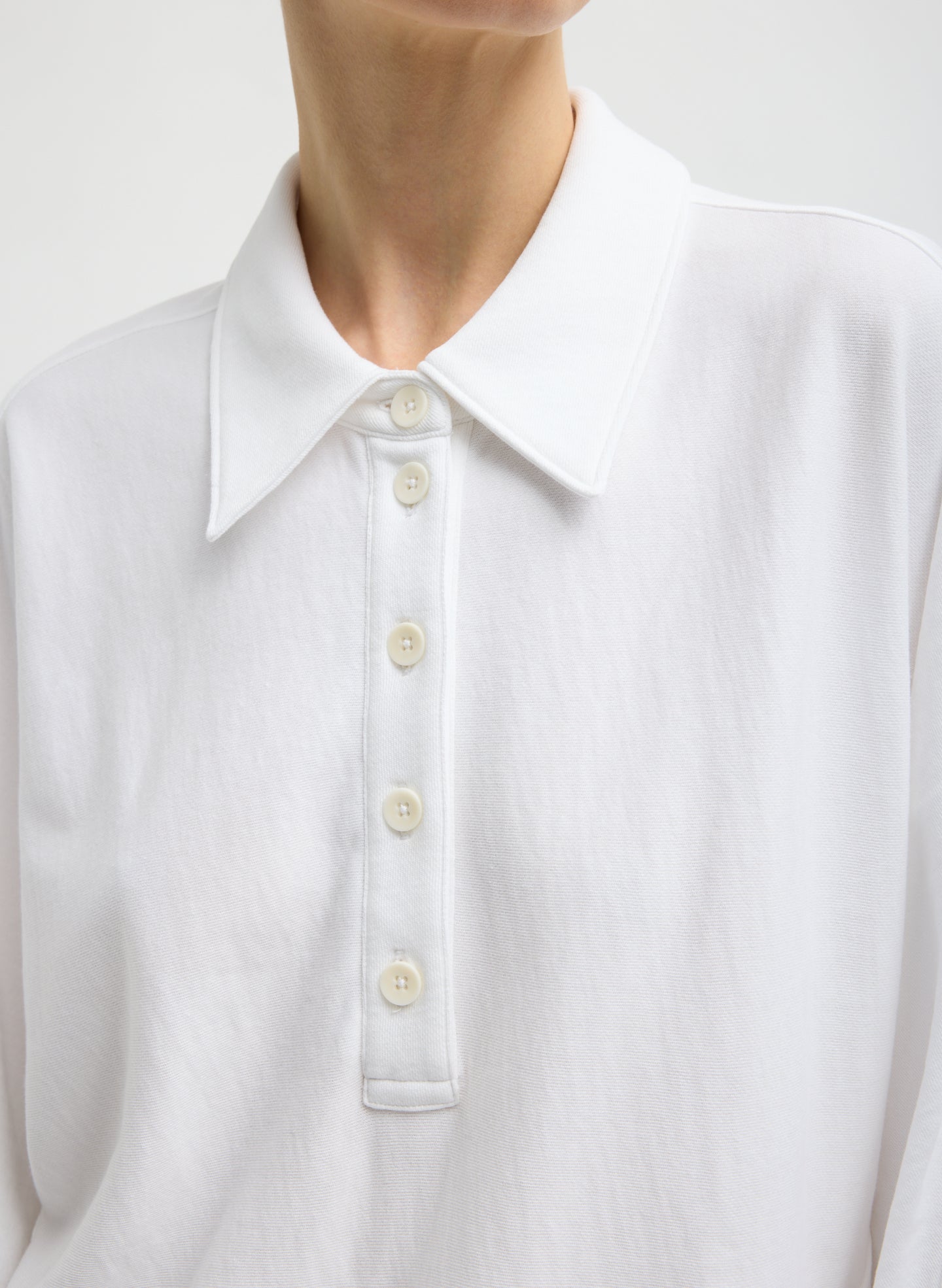 White Light Weight Sweatshirting Polo Collar Sweatshirt - closeup of collar detail