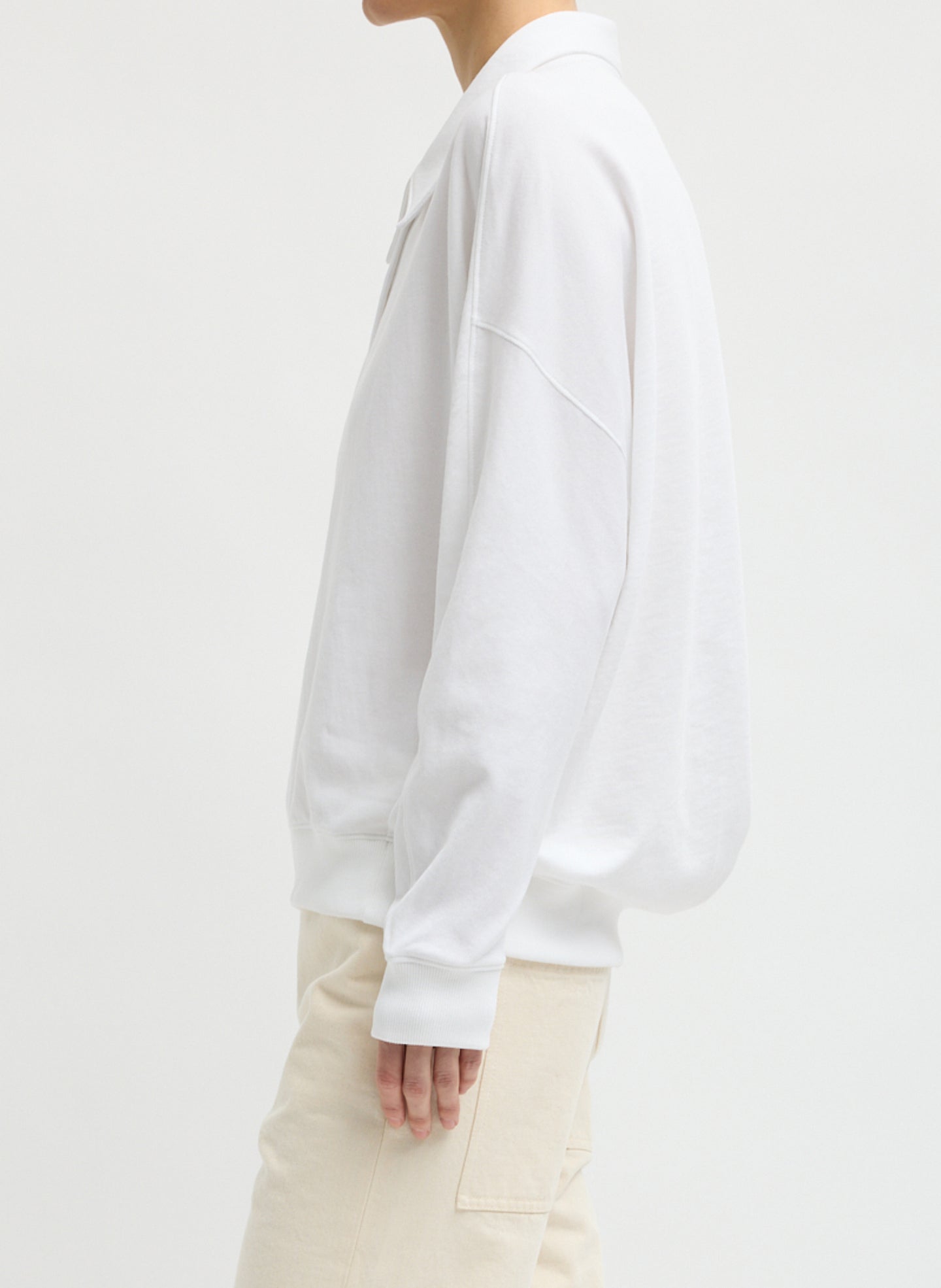 White Light Weight Sweatshirting Polo Collar Sweatshirt - polo sweatshirt, side view on model