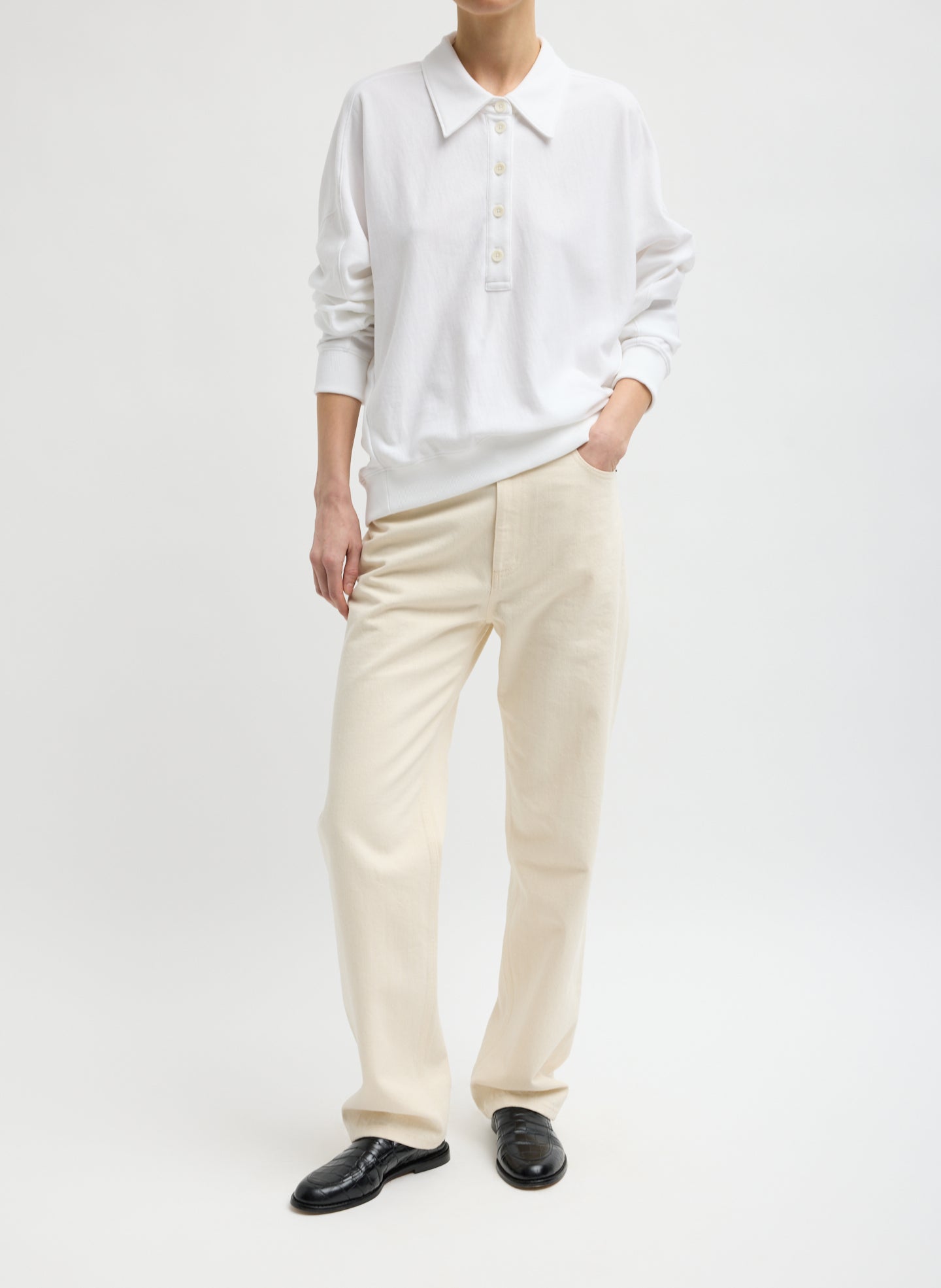 White Light Weight Sweatshirting Polo Collar Sweatshirt - full look, front view on model