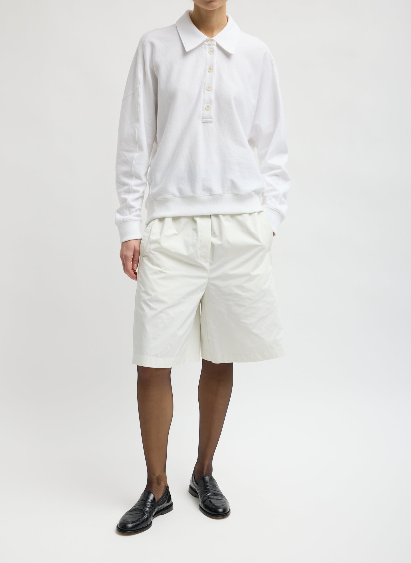 White Light Weight Sweatshirting Polo Collar Sweatshirt - full look, front view on model