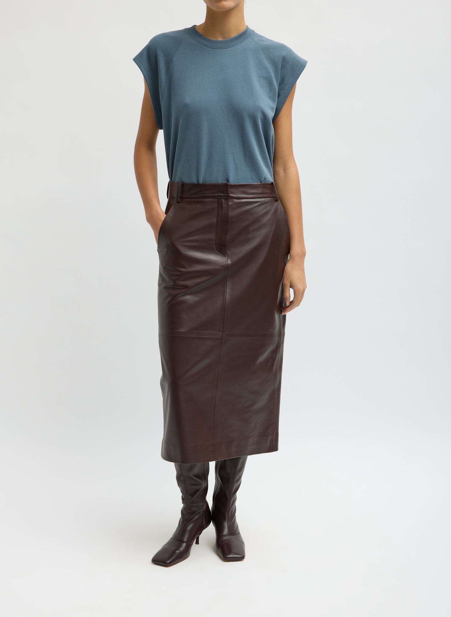 Blue Grey Light Weight Sweatshirting Sleeveless Easy Top - full look, front view on model