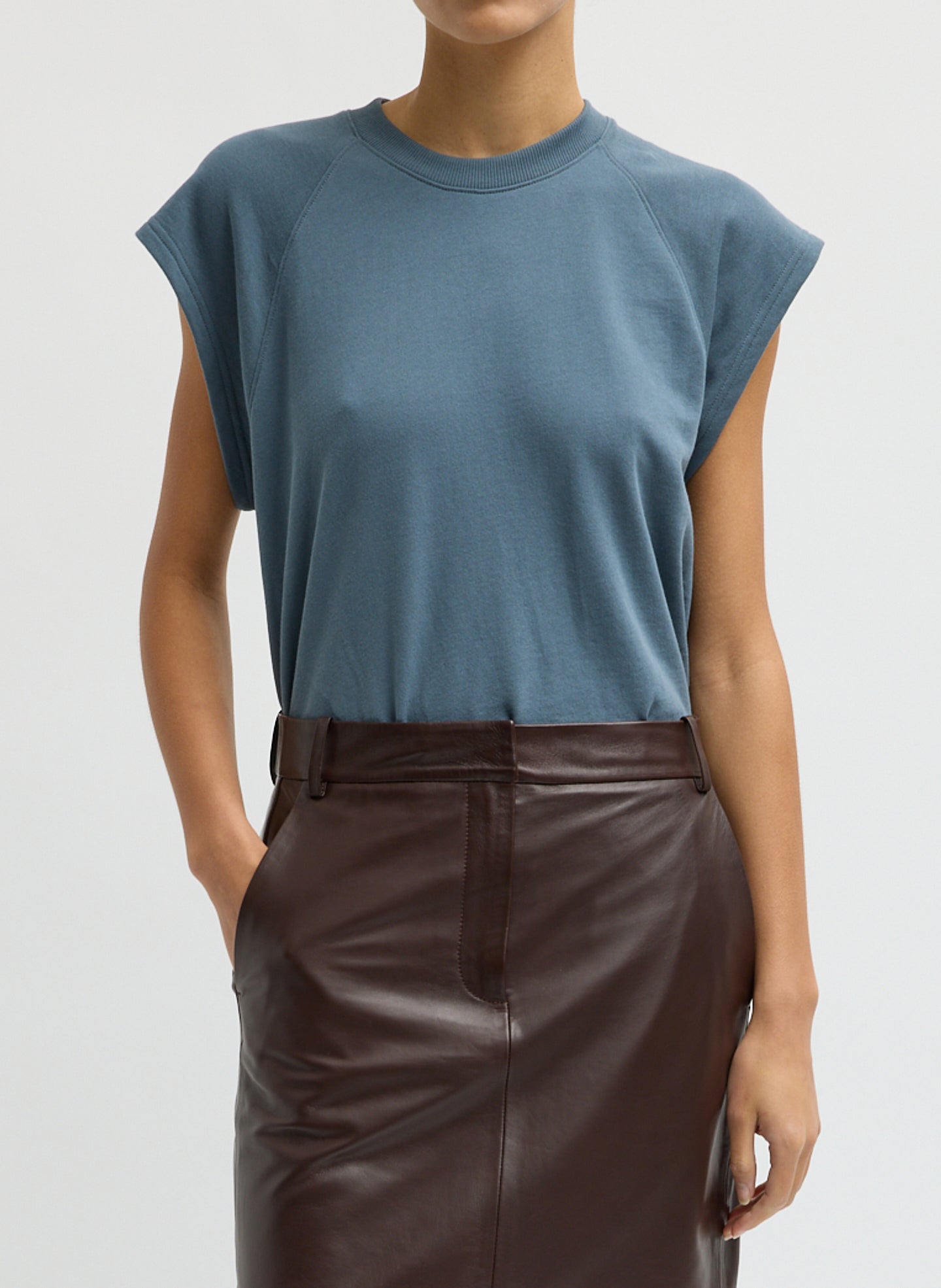 Blue Grey Light Weight Sweatshirting Sleeveless Easy Top - front view on model