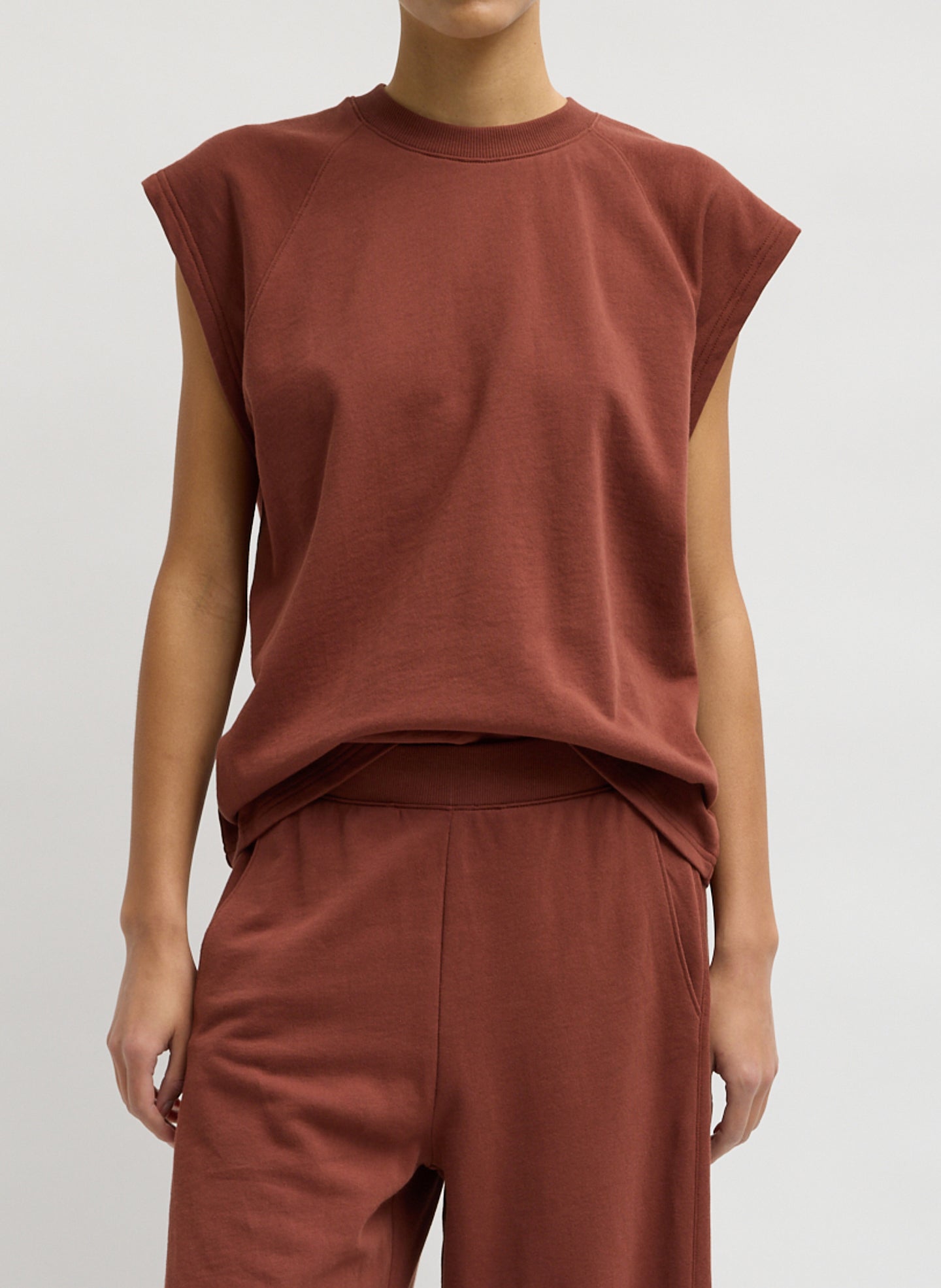 Red Clay Light Weight Sweatshirting Sleeveless Easy Top - front view on model