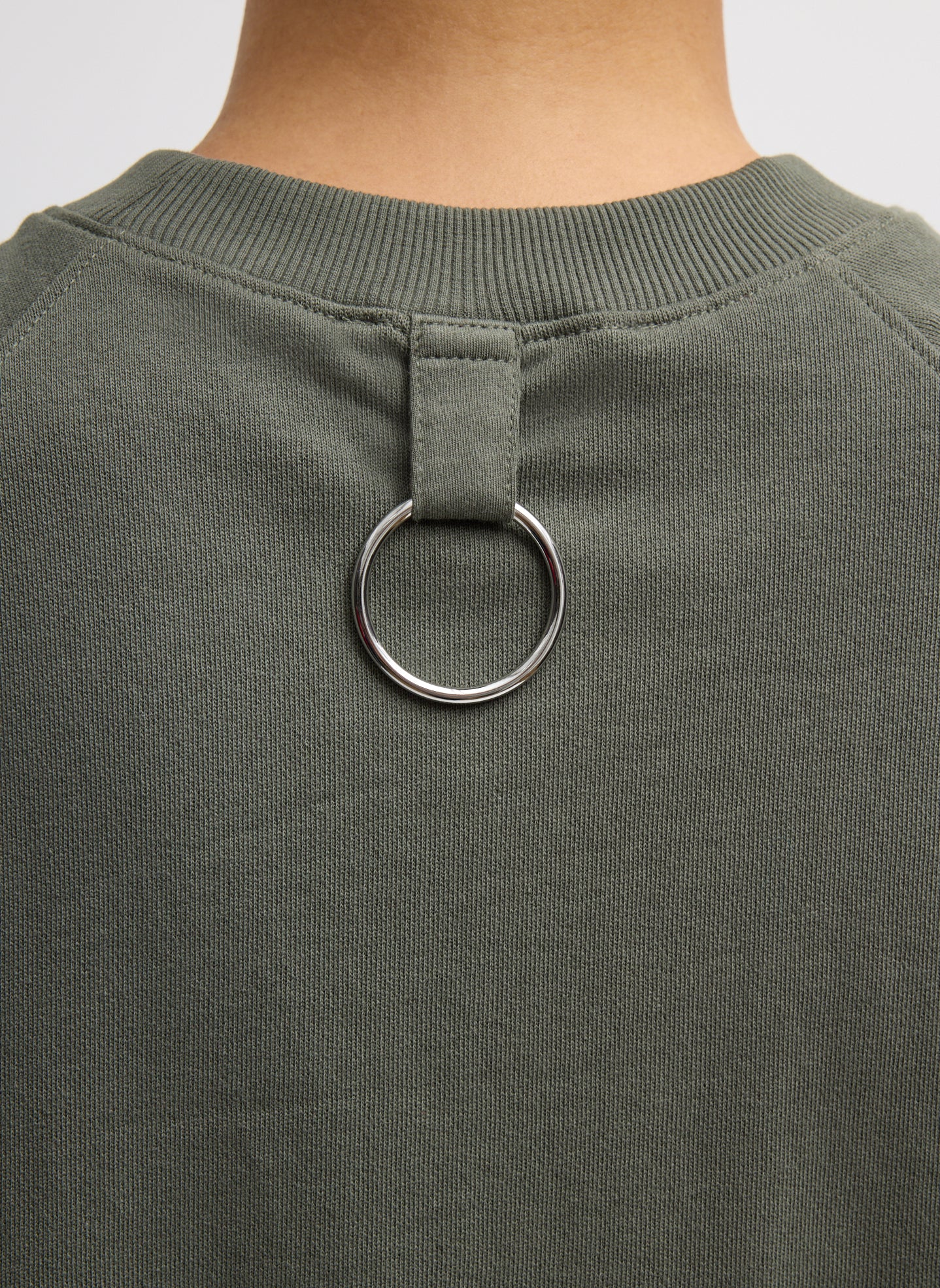 Olive Green Light Weight Sweatshirting Sleeveless Easy Top - closeup of ring detail at back