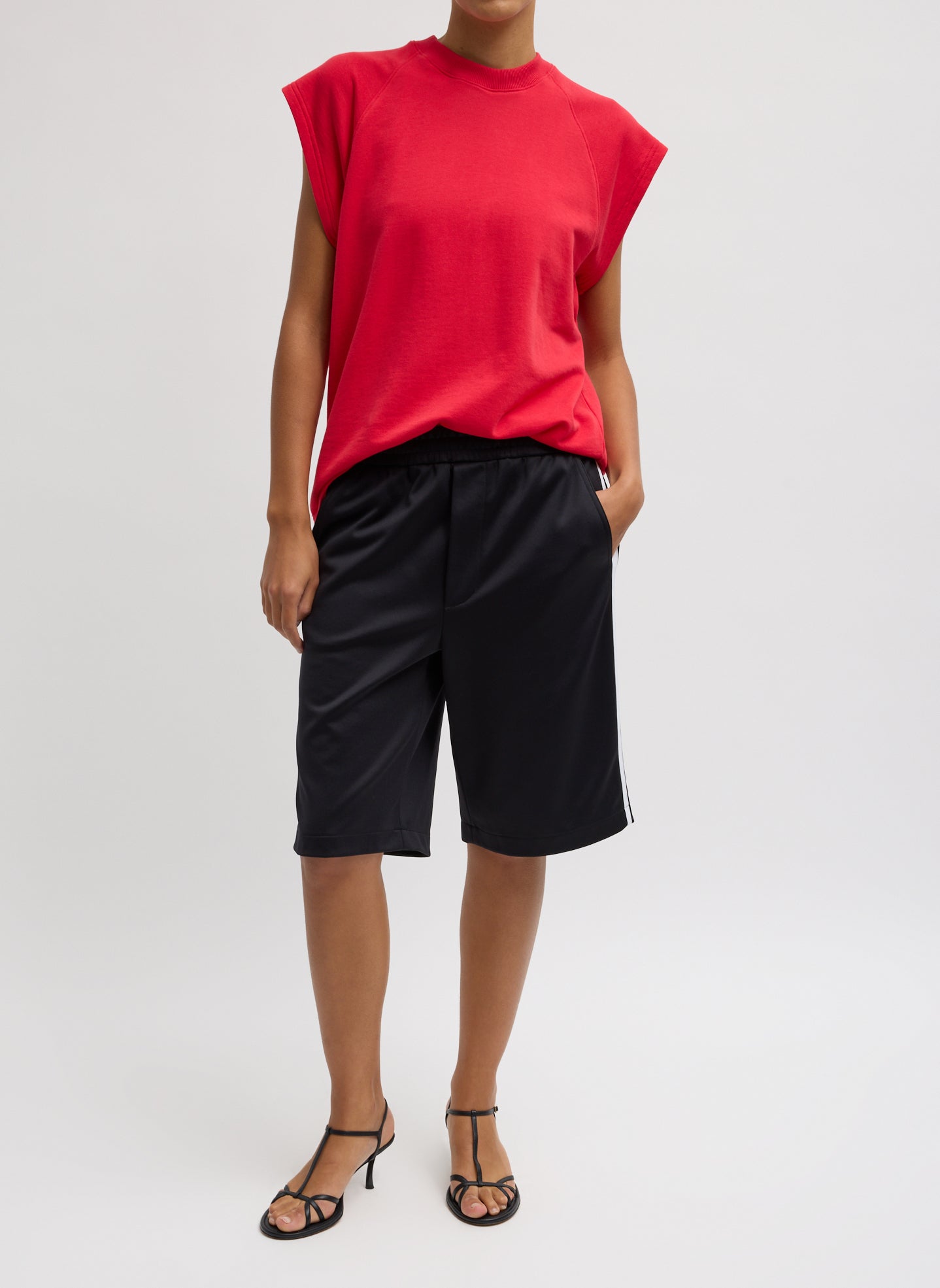 Red Light Weight Sweatshirting Sleeveless Easy Top - full look, front view on model