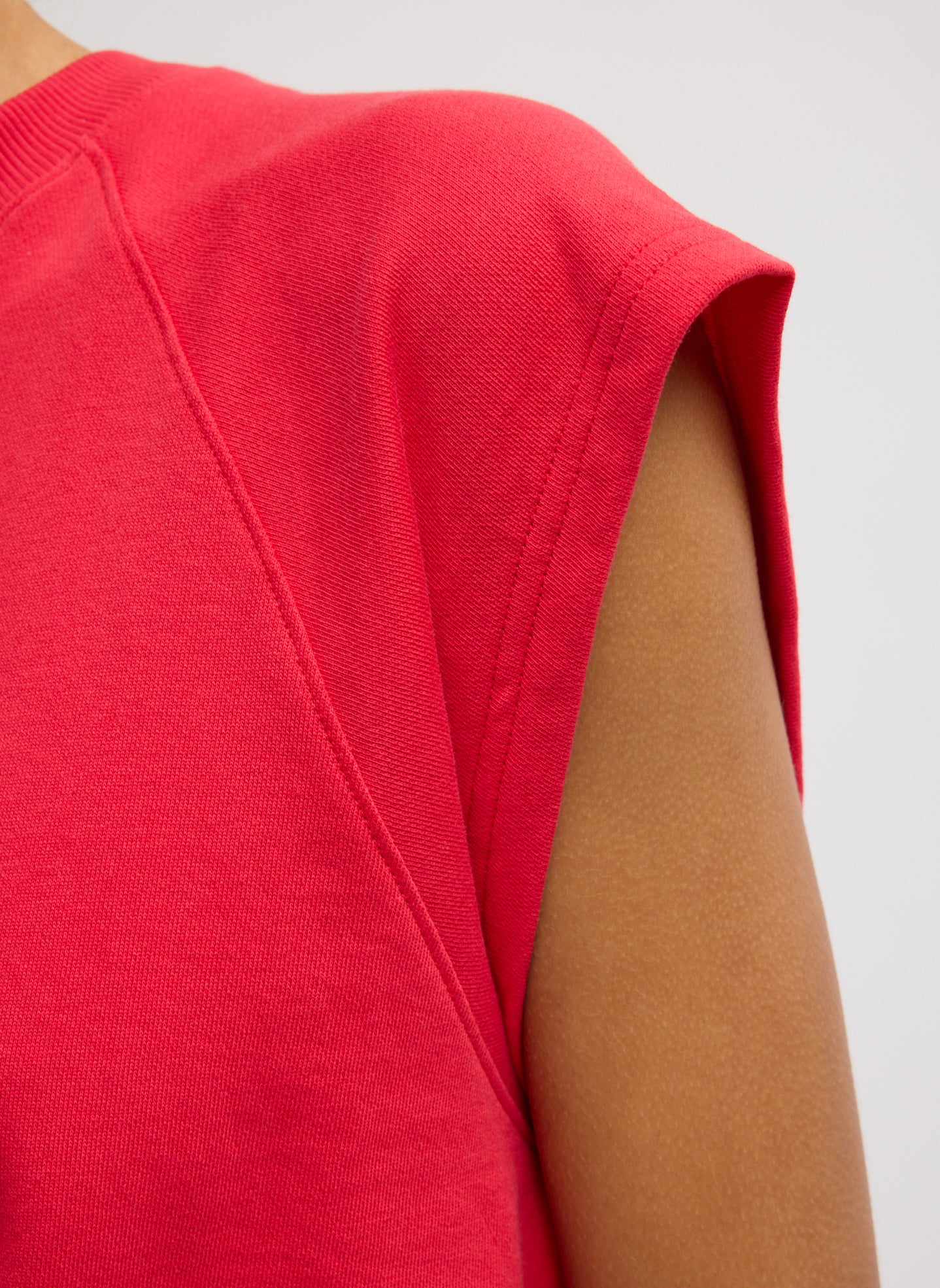 Red Light Weight Sweatshirting Sleeveless Easy Top - closeup of sleeve detail