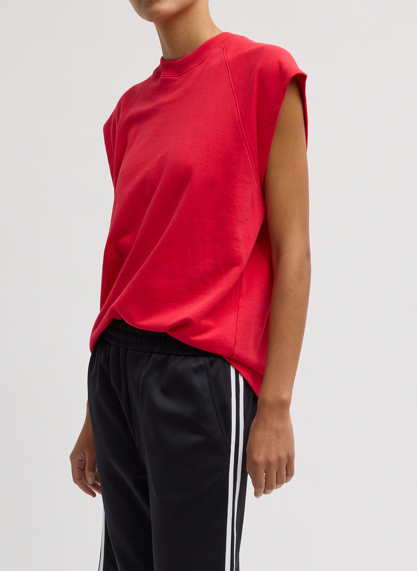 Red Light Weight Sweatshirting Sleeveless Easy Top - side view on model