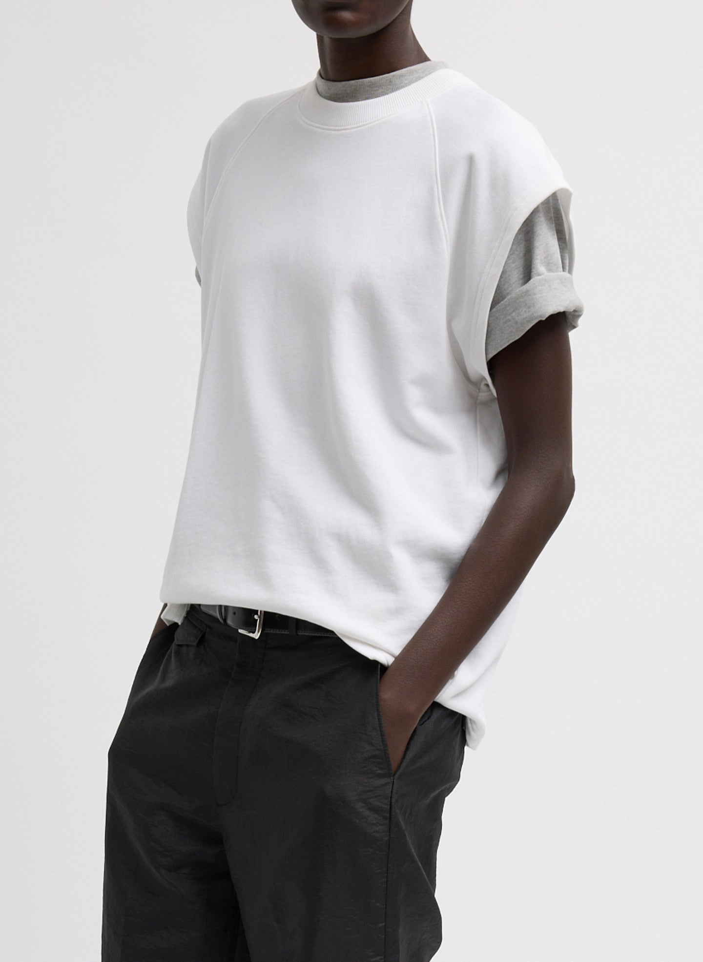 White Light Weight Sweatshirting Sleeveless Easy Top - front view on model