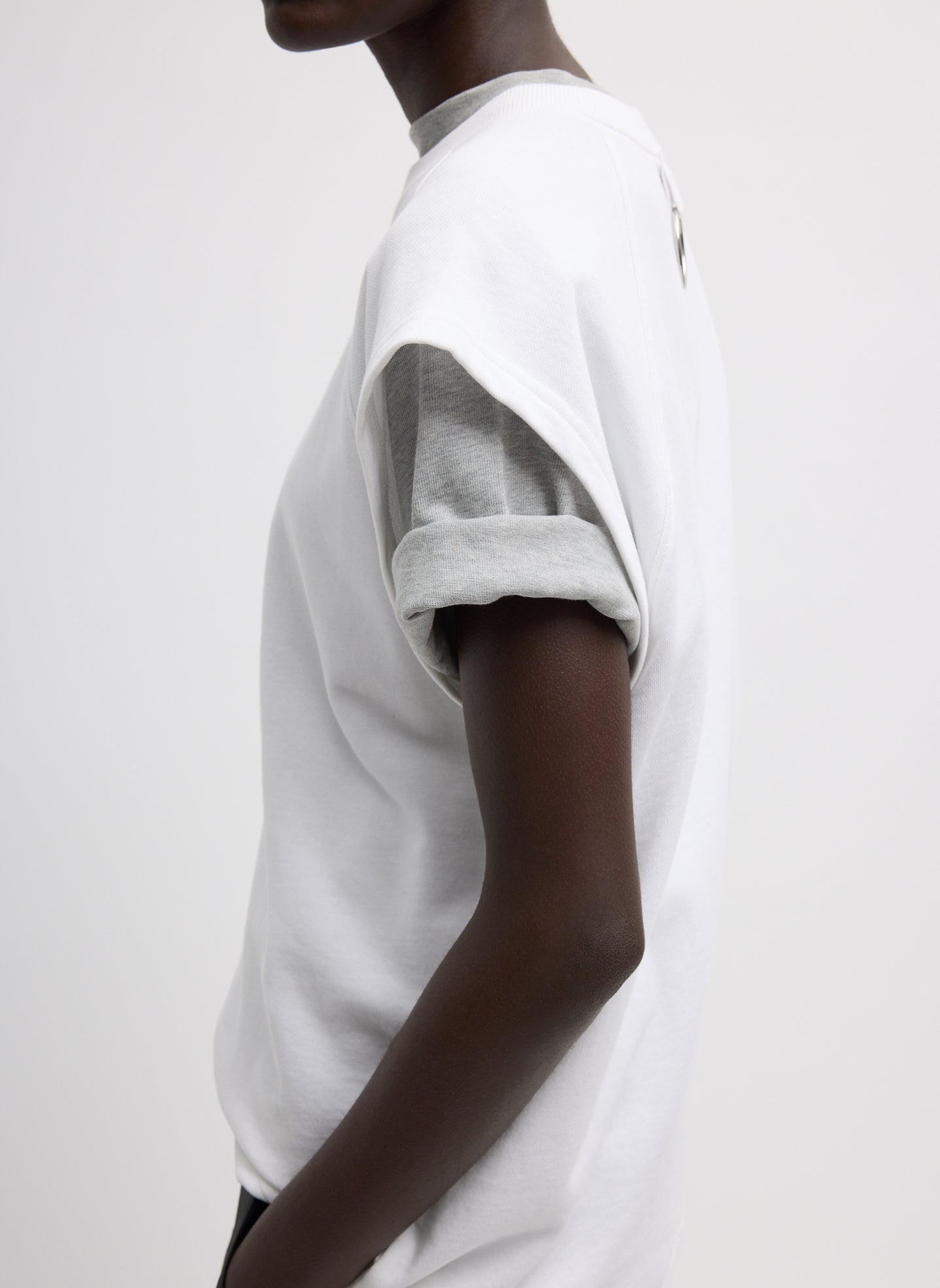 White Light Weight Sweatshirting Sleeveless Easy Top - side view on model