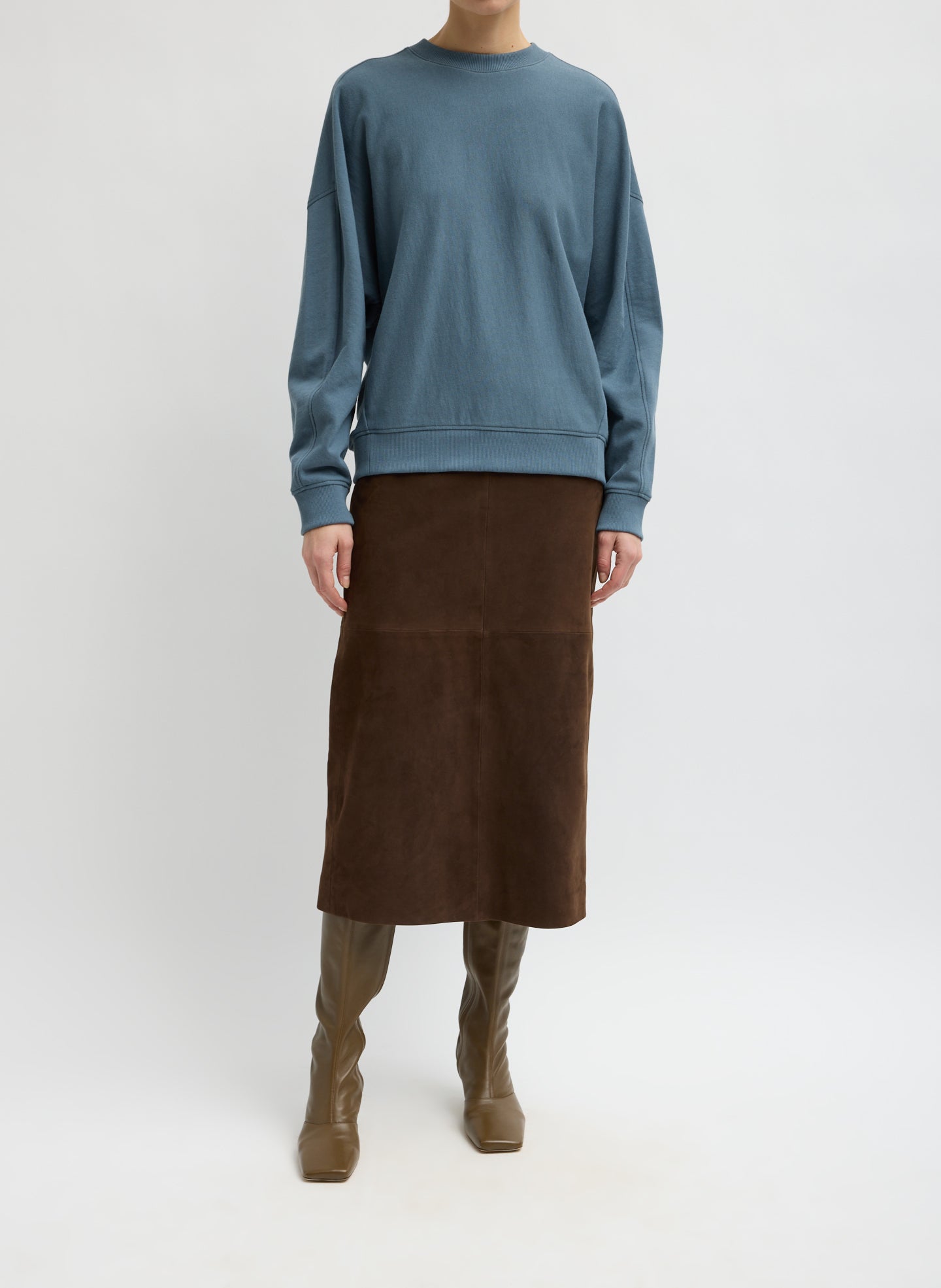 Blue Grey Light Weight Sweatshirting Crewneck Sweatshirt - full look, front view on model