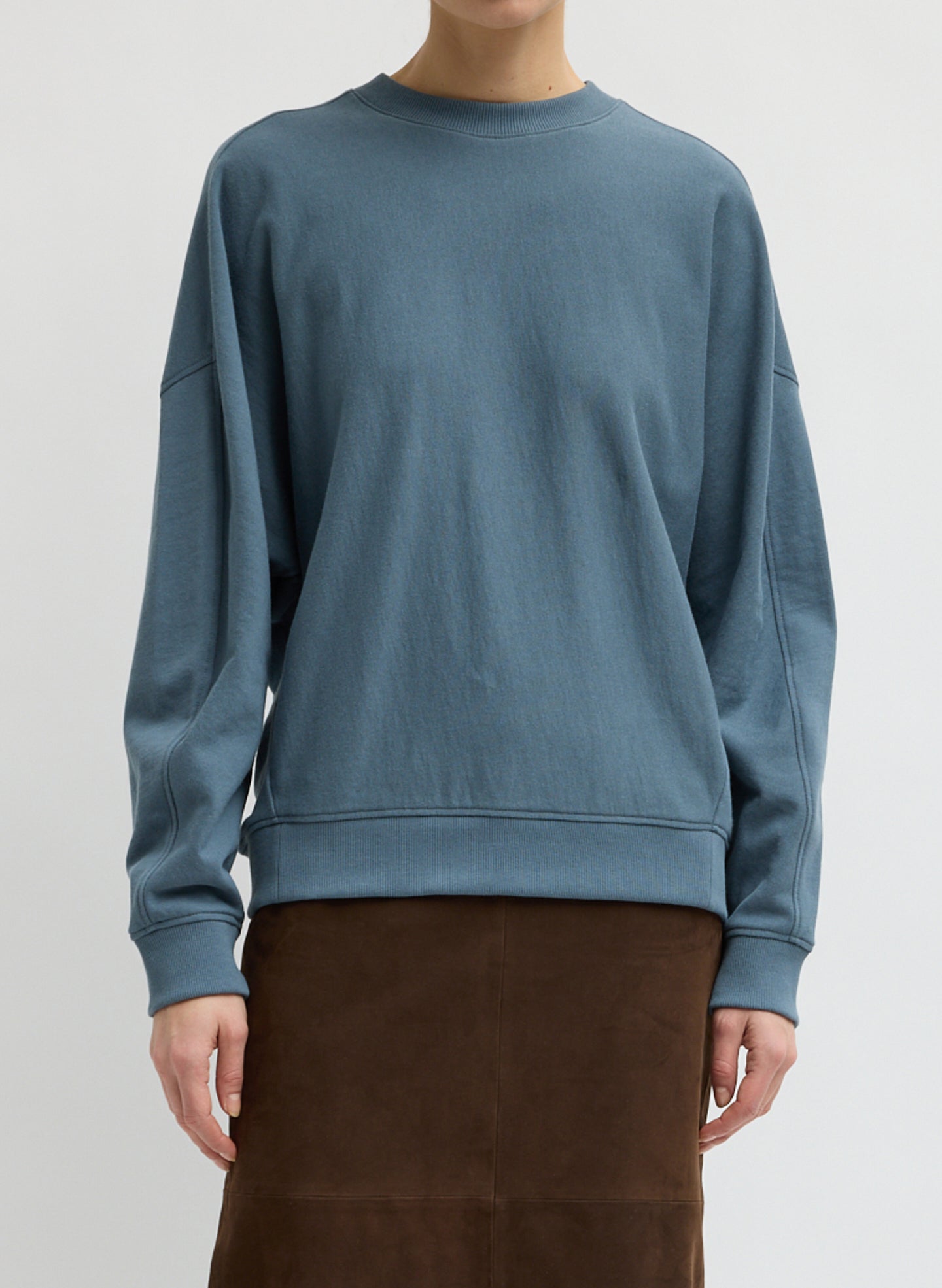 Blue Grey Light Weight Sweatshirting Crewneck Sweatshirt - front view on model