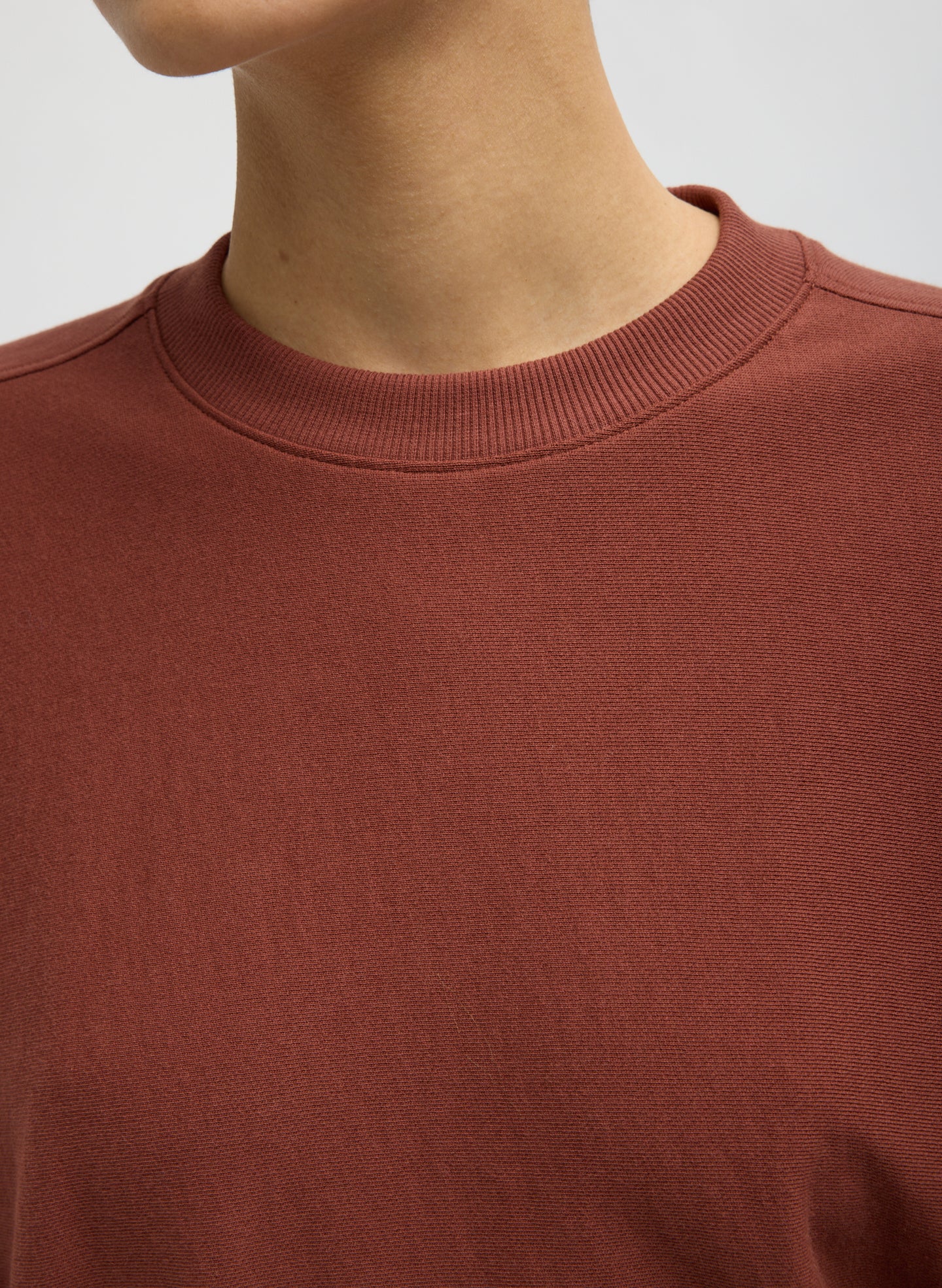 Red Clay Light Weight Sweatshirting Crewneck Sweatshirt - closeup of neckline