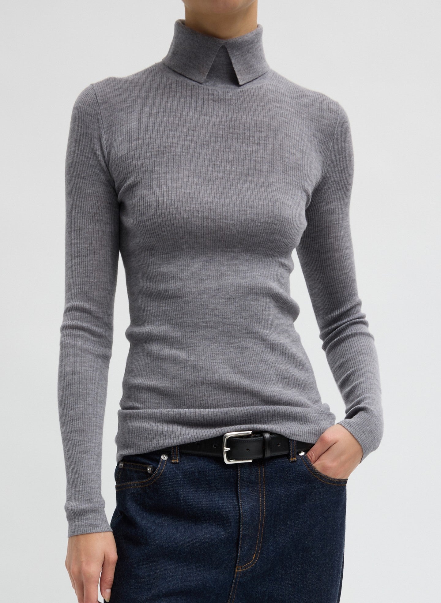 Feather Weight Ribbed Sweater Split Neck Turtleneck - Heather Grey Feather Weight Ribbed Split Neck Turtleneck - front view on model