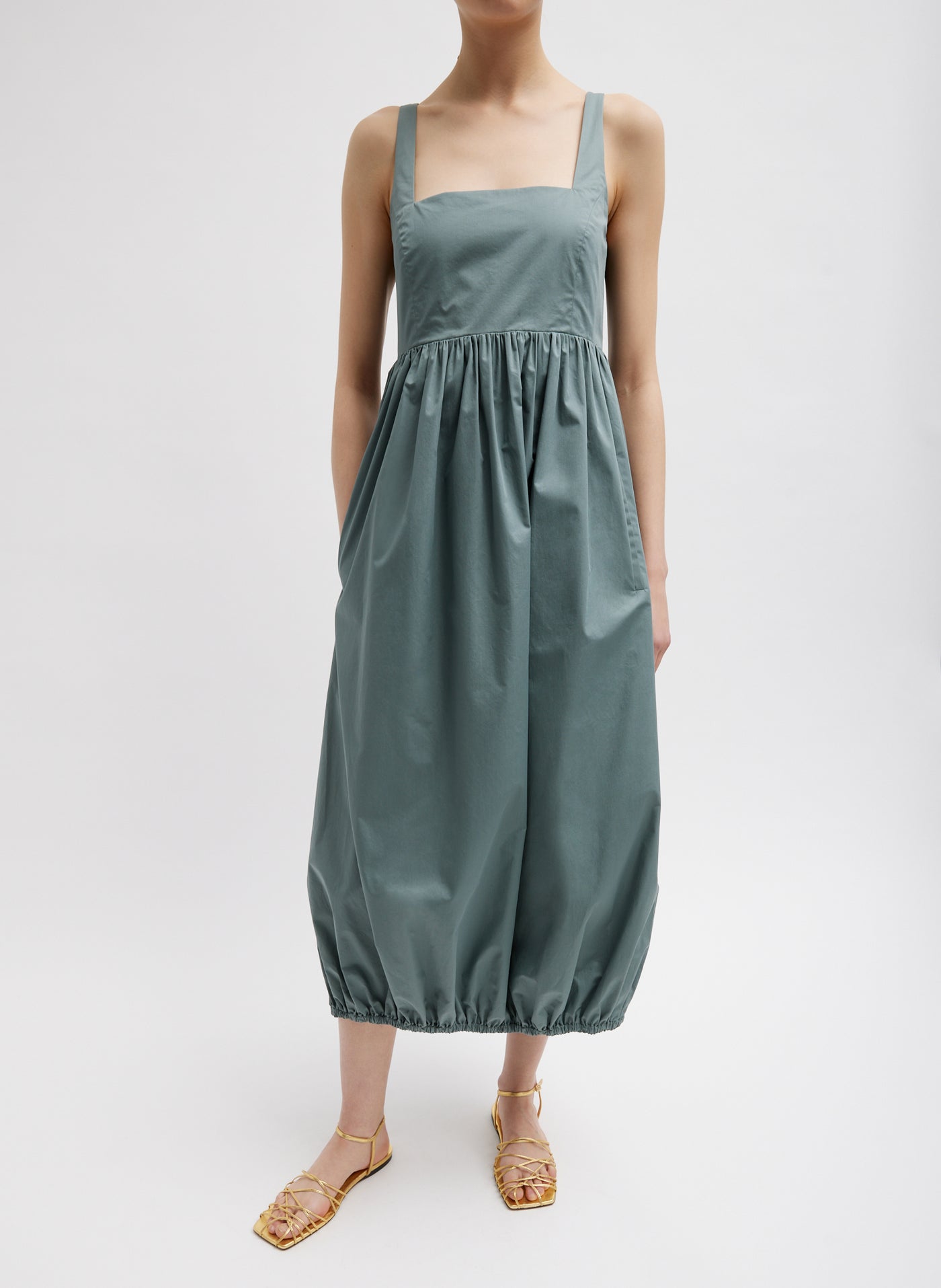 Pink Cotton Poplin Square Neck Tiered Midi Dress