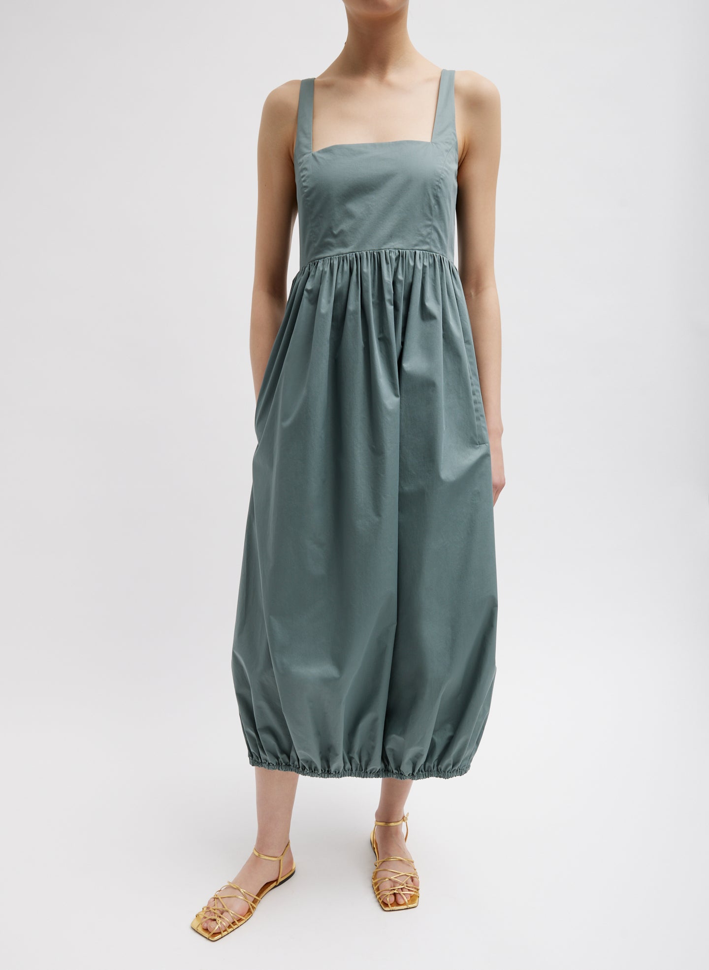 Eco Poplin Square Neck Sculpted Dress - Green Limestone-1