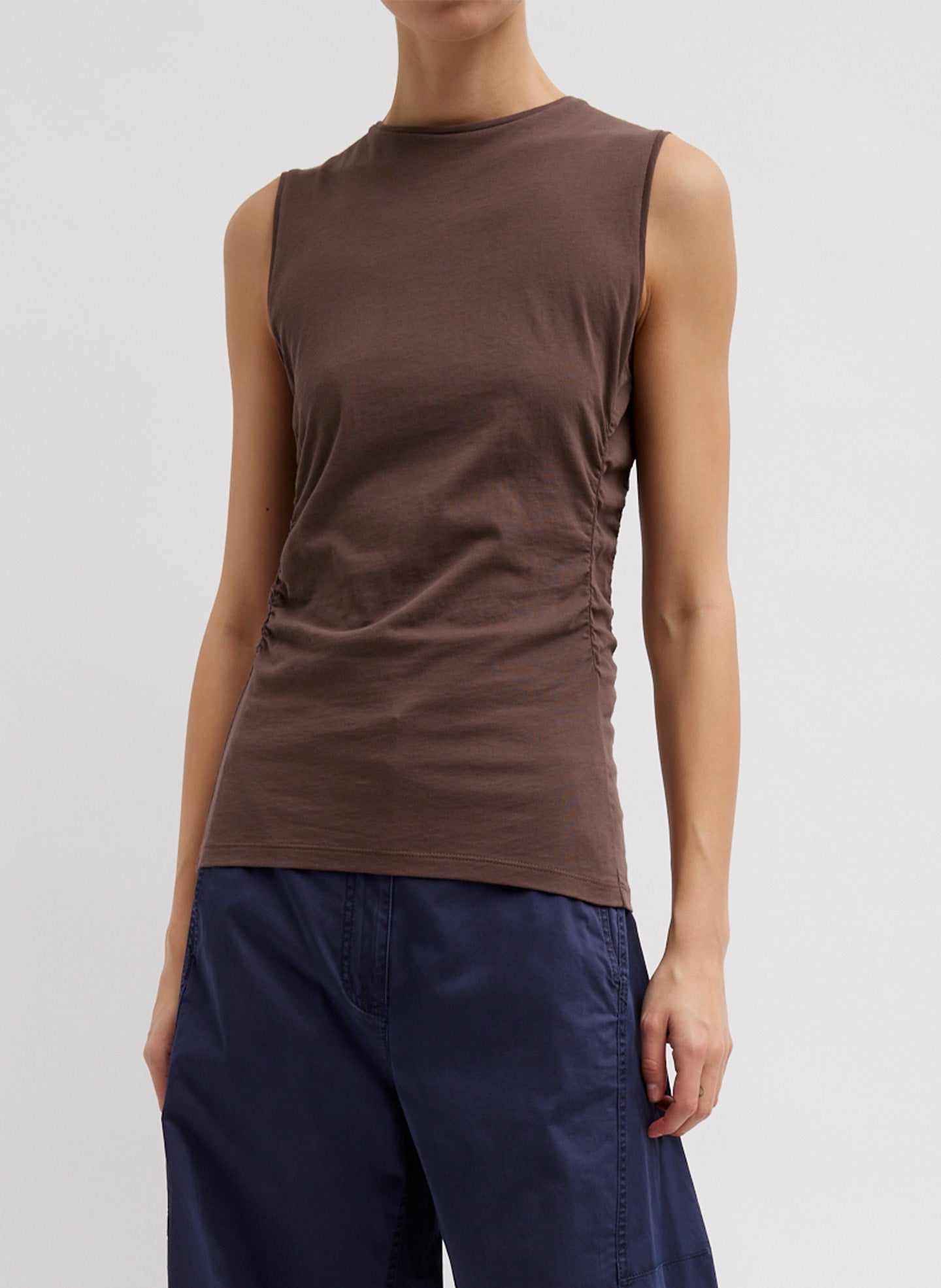 T-Shirting Shirred Crewneck Top - Cacao-1