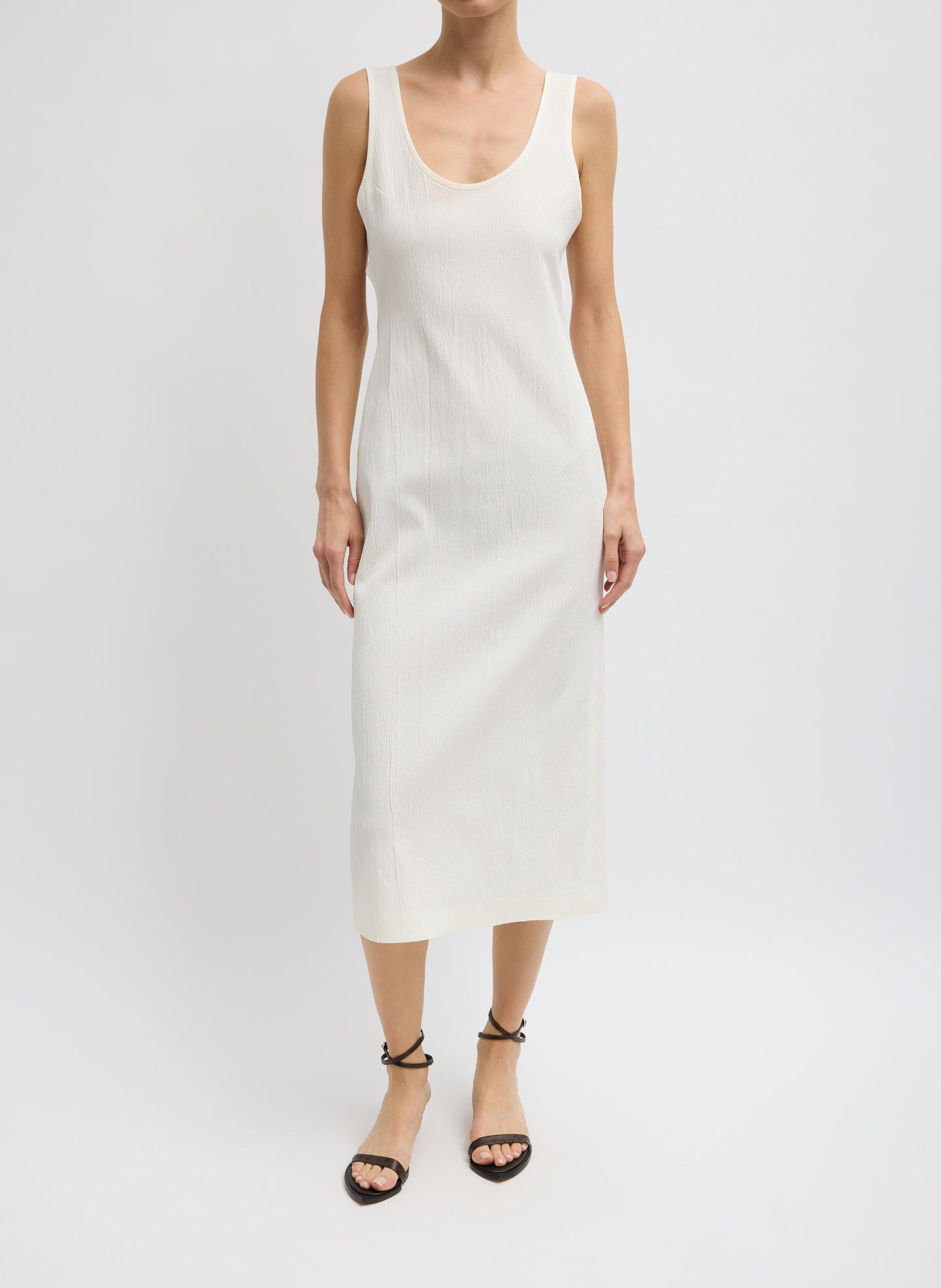 Creased Stretch Crepe Racerback Dress - Ivory Creased Stretch Racerback Dress - midi tank dress, front view on model