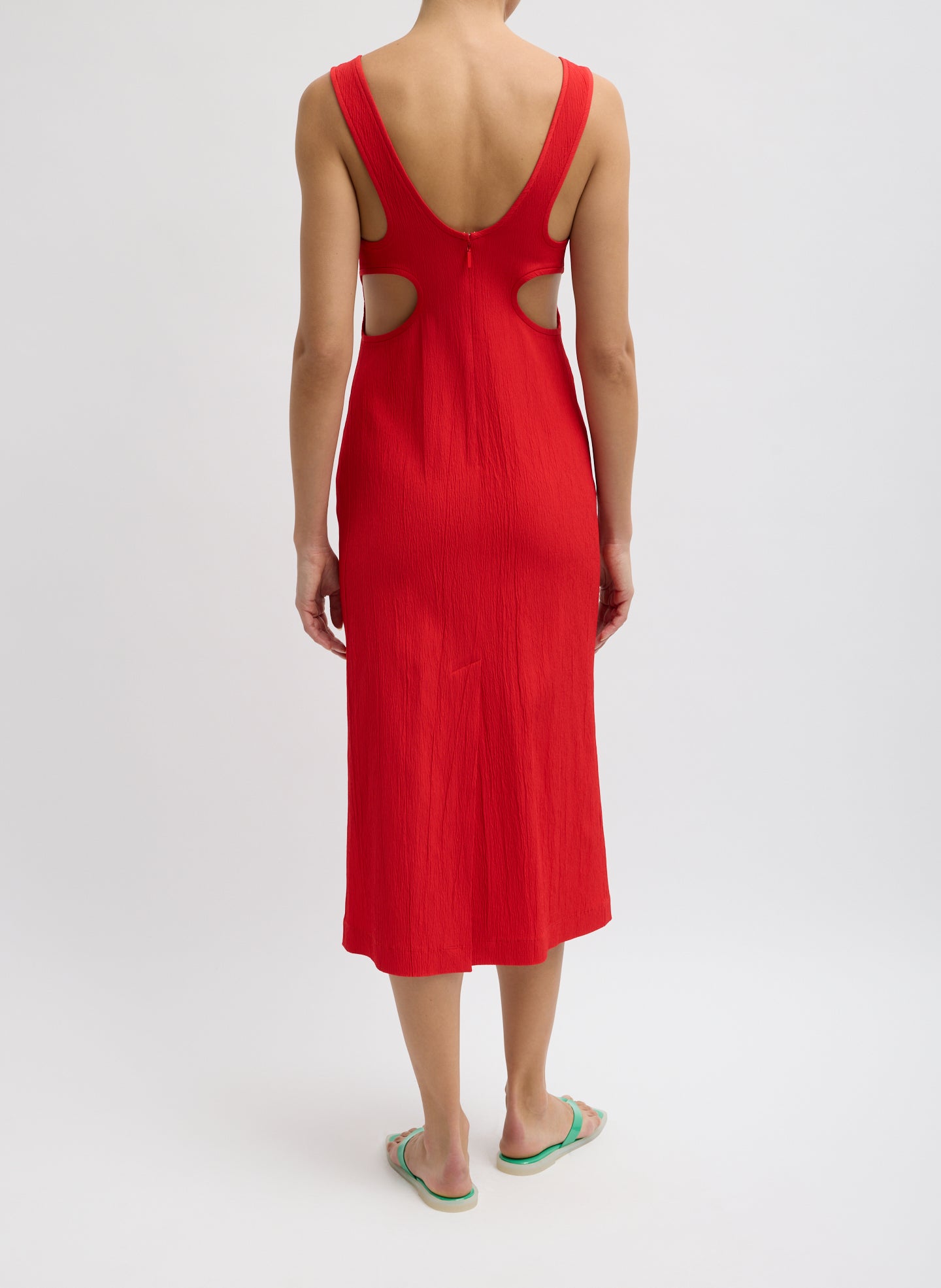 Red Creased Stretch Racerback Dress - midi tank dress, back view on model