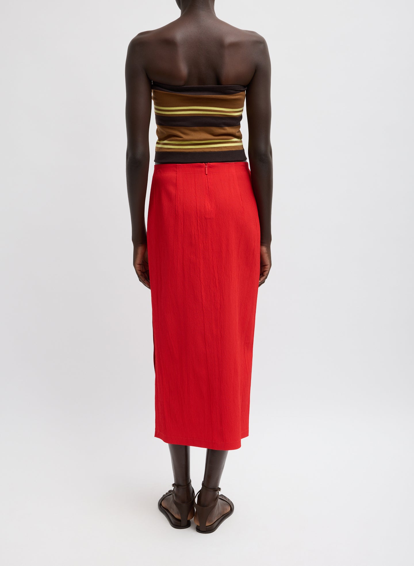 Red Creased Stretch Crepe Skirt - midi skirt with side slit, back view on model