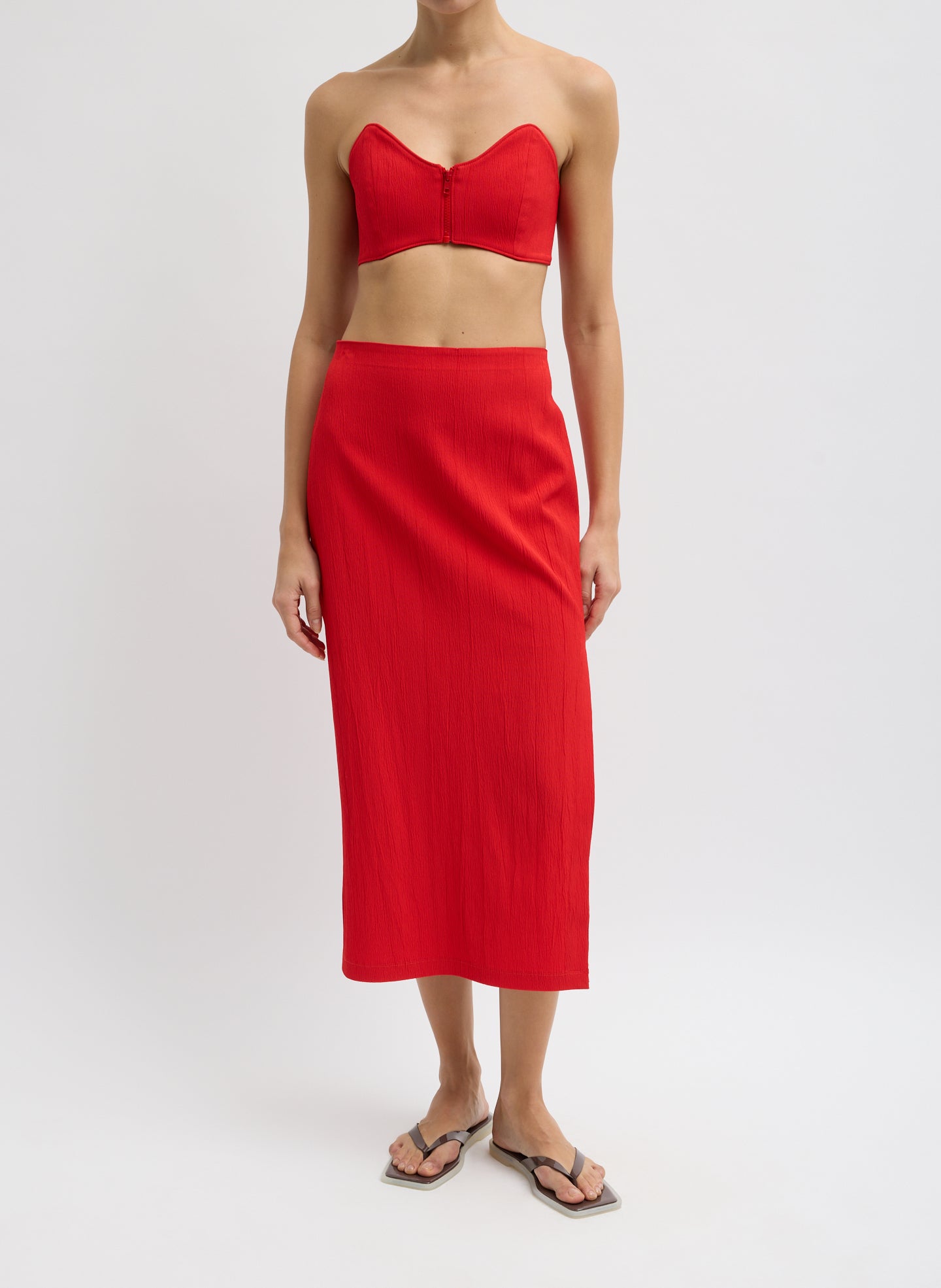 Red Creased Stretch Crepe Strapless Bralette - full look, front view on model