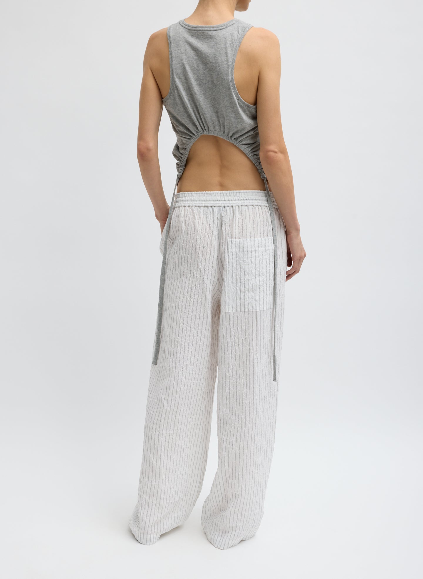 Ivory Multi Crinkle Stripe Summer Suiting Wide Leg Pull On Pant - striped lounge pant, back view on model