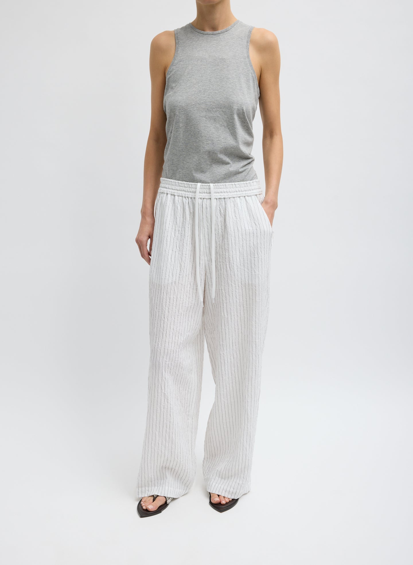 Crinkle Stripe Summer Suiting Wide Leg Pull On Pant - Ivory Multi Crinkle Stripe Summer Suiting Wide Leg Pull On Pant - striped lounge pant, front view on model
