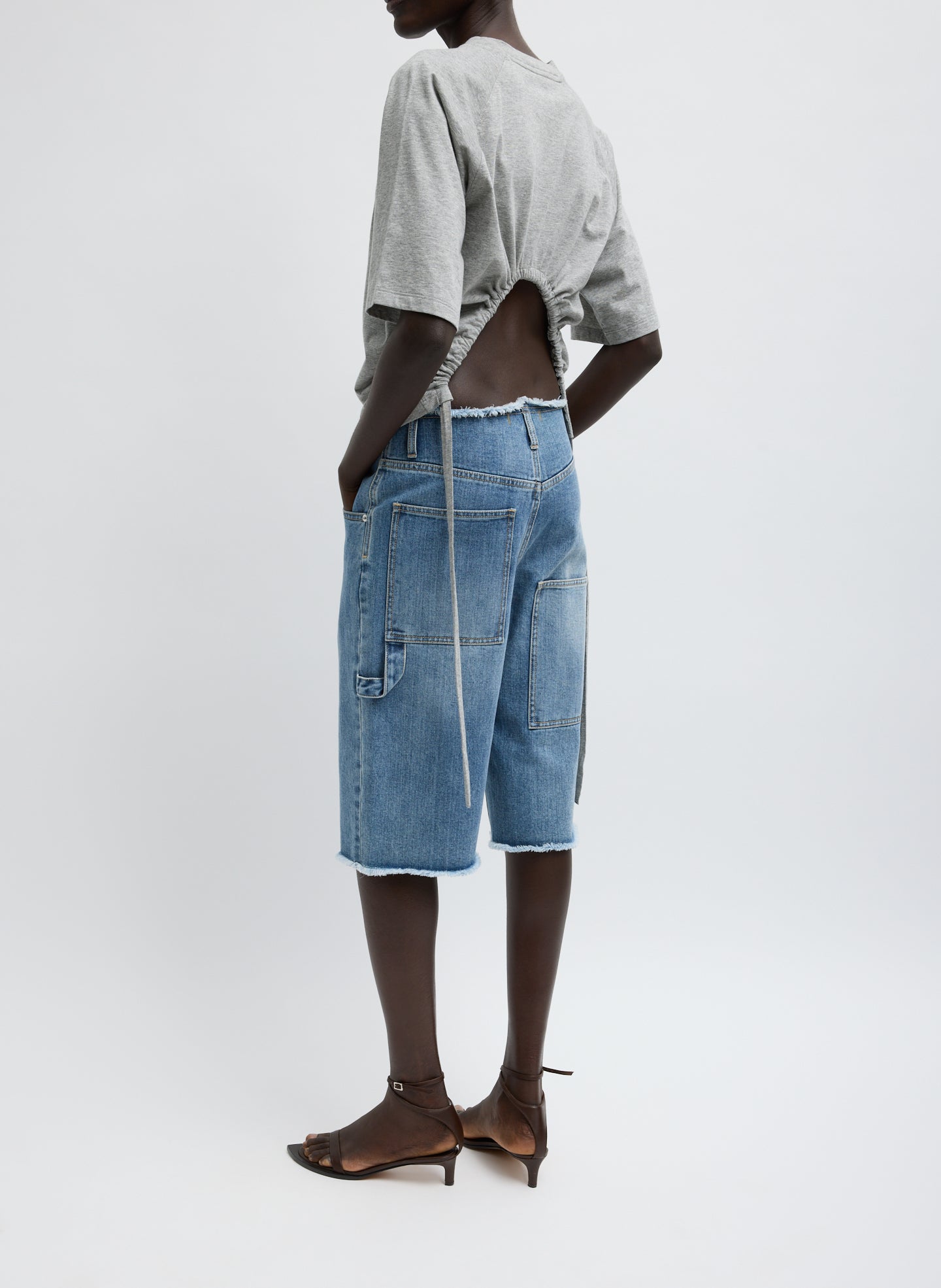 Classic Wash Denim Newman Short - long denim shorts, back view on model