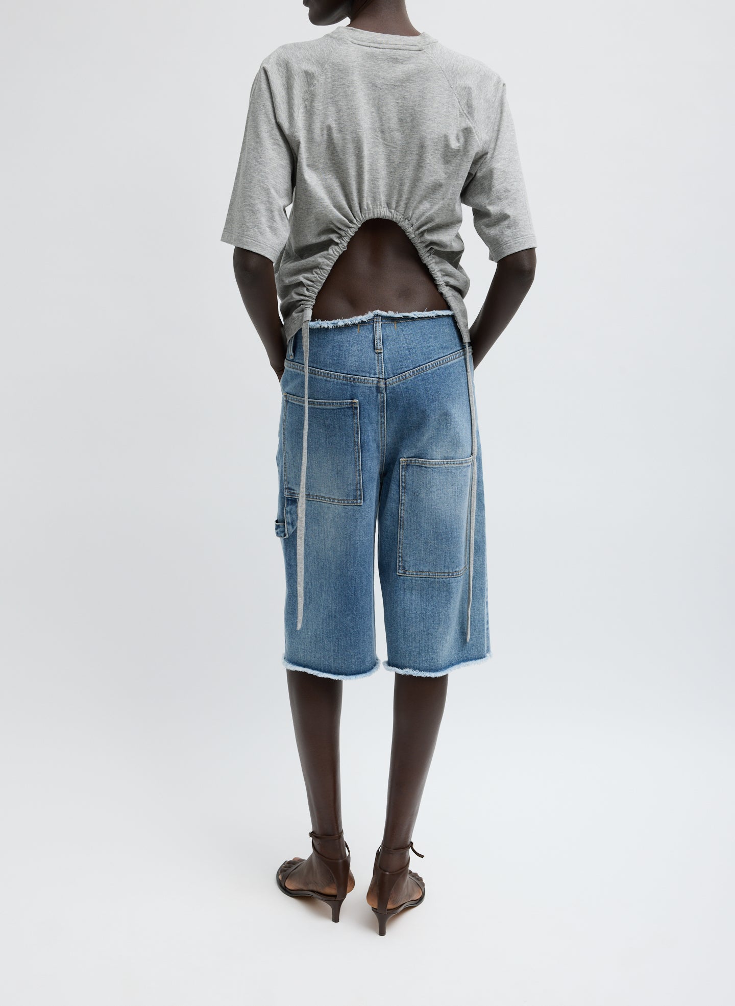 Classic Wash Denim Newman Short - long denim shorts, back view on model