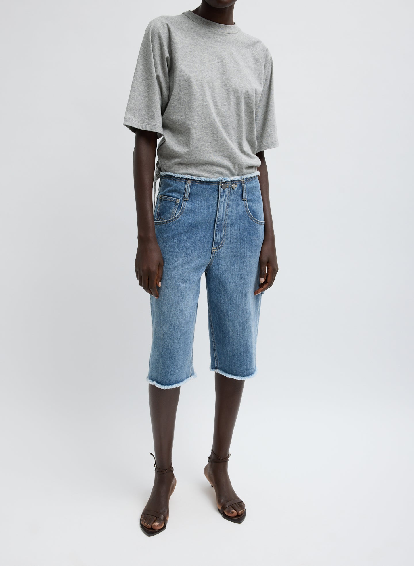 Classic Wash Denim Newman Short - Classic Wash Denim Newman Short - long denim shorts, front view on model