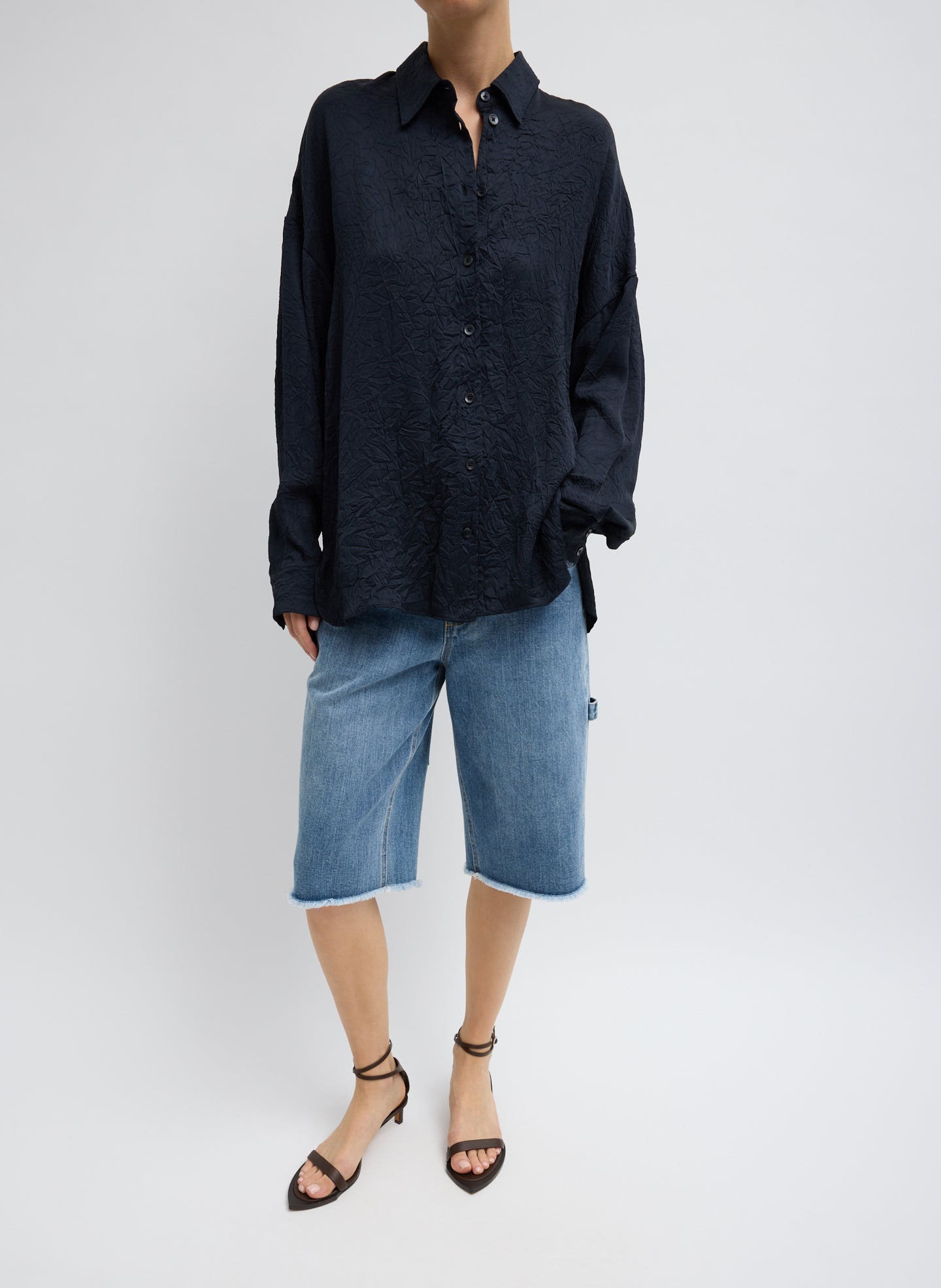Classic Wash Denim Newman Short - long denim shorts, front view on model