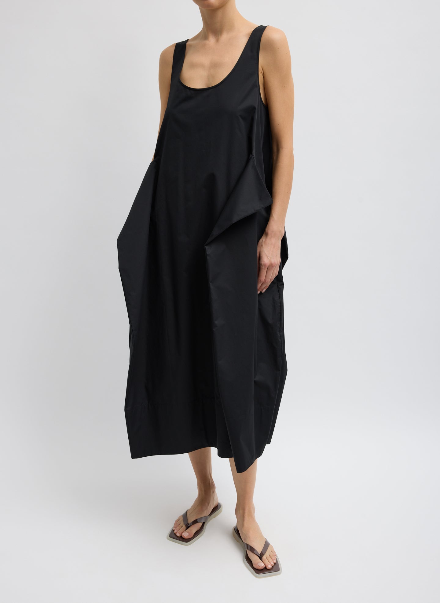 Eco Poplin Tank Dress - Black Eco Poplin Tank Dress - sleeveless midi dress, front view on model