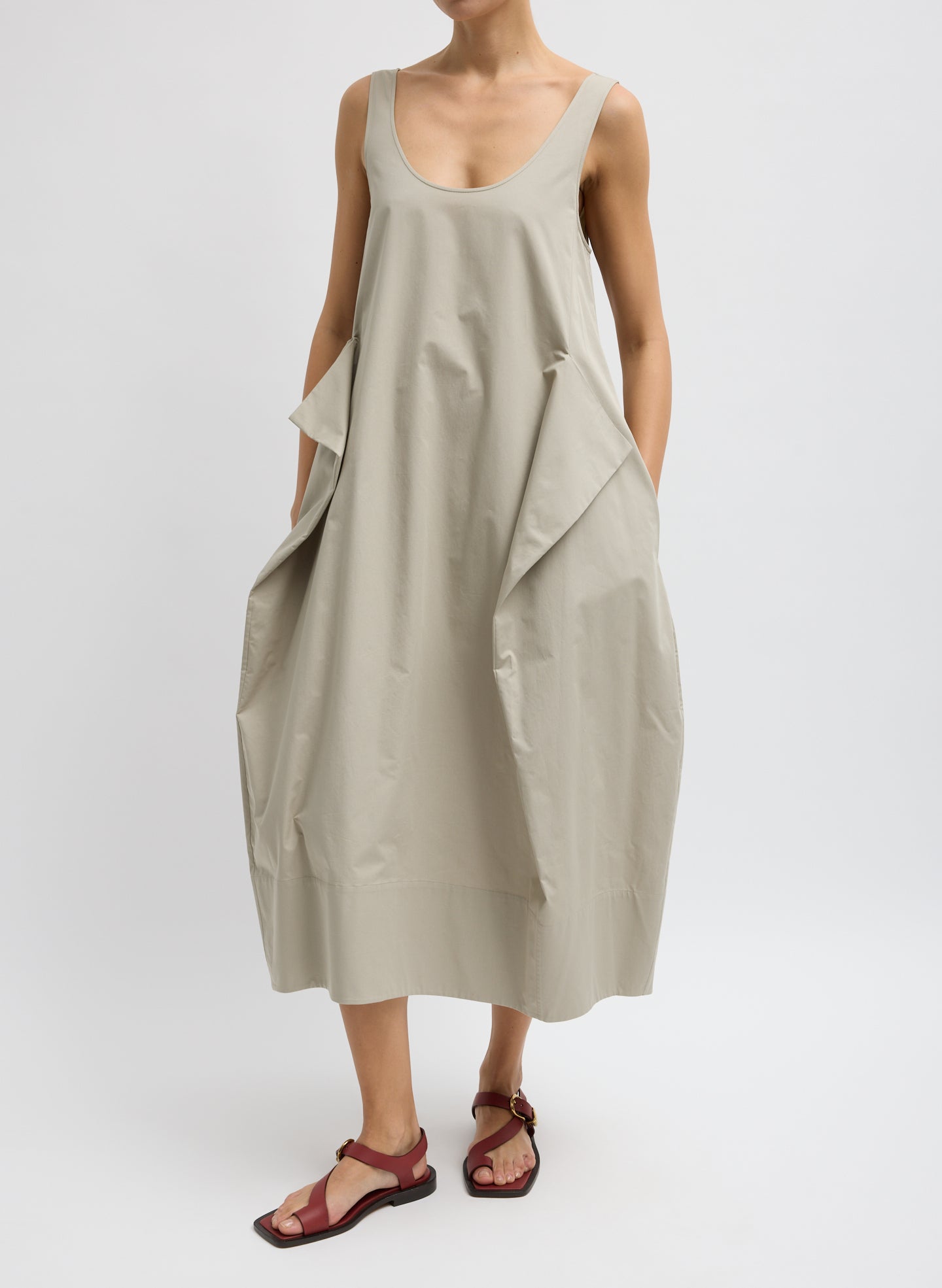 Eco Poplin Tank Dress - Beige Eco Poplin Tank Dress - sleeveless midi dress, front view on model