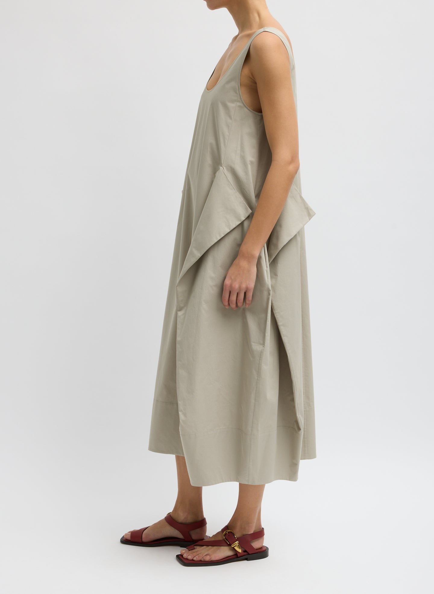 Beige Eco Poplin Tank Dress - sleeveless midi dress, side view on model