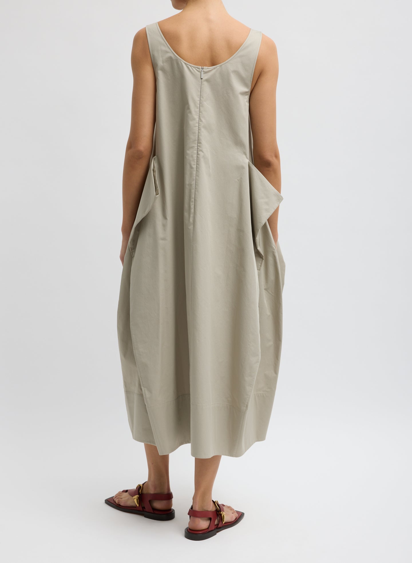Beige Eco Poplin Tank Dress - sleeveless midi dress, back view on model