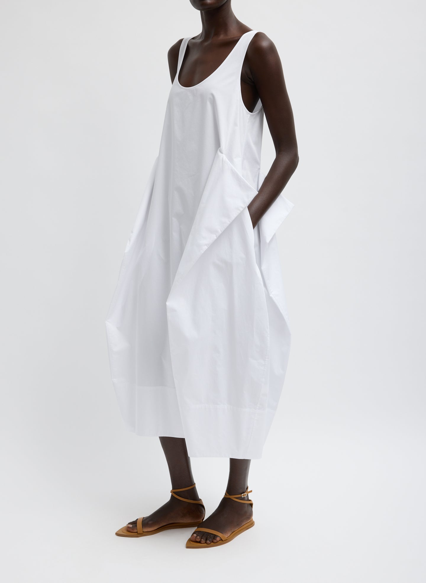 White Eco Poplin Tank Dress - sleeveless midi dress, side view on model