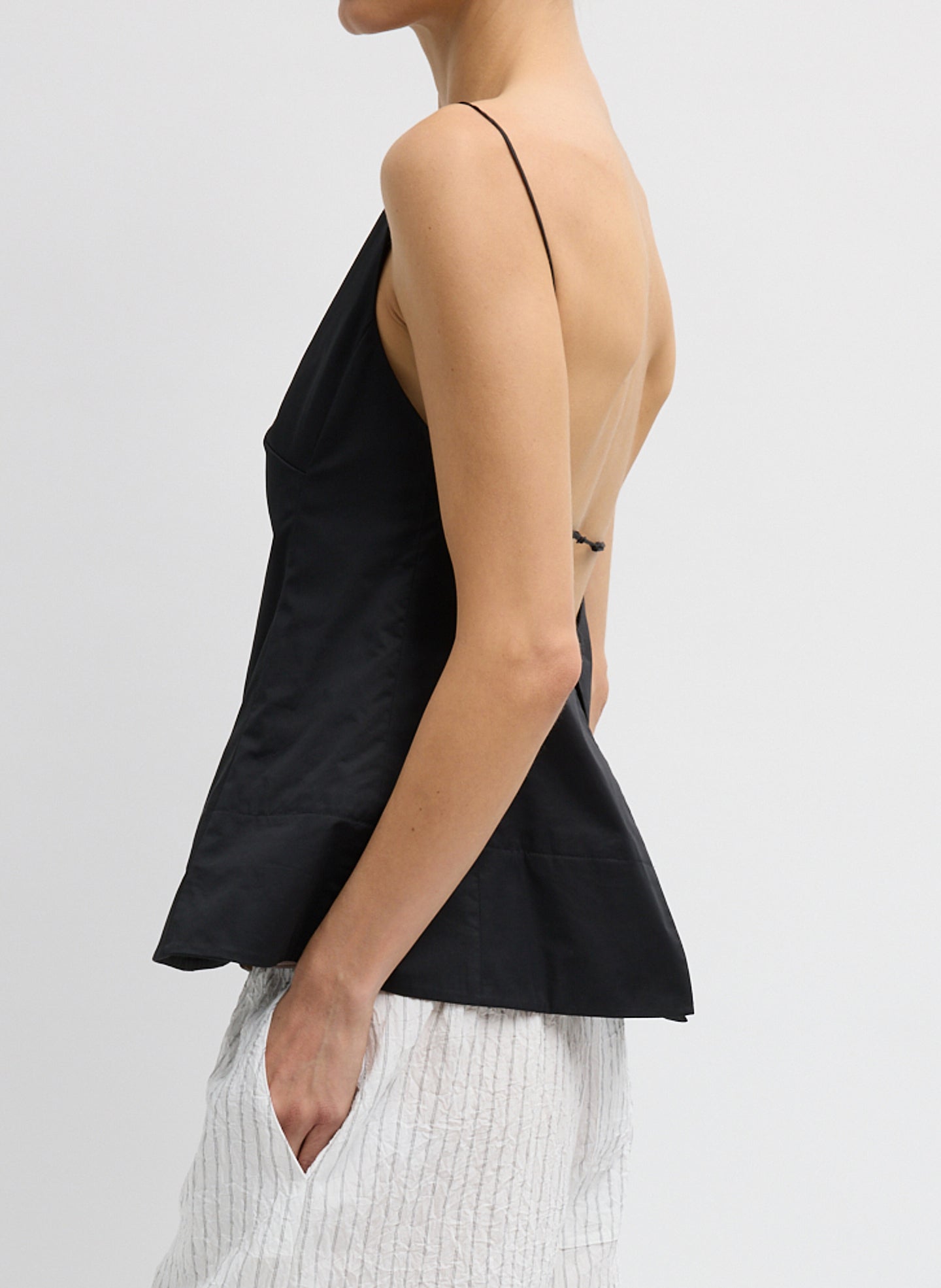 Black Eco Poplin Strappy Open Back Top - side view on model