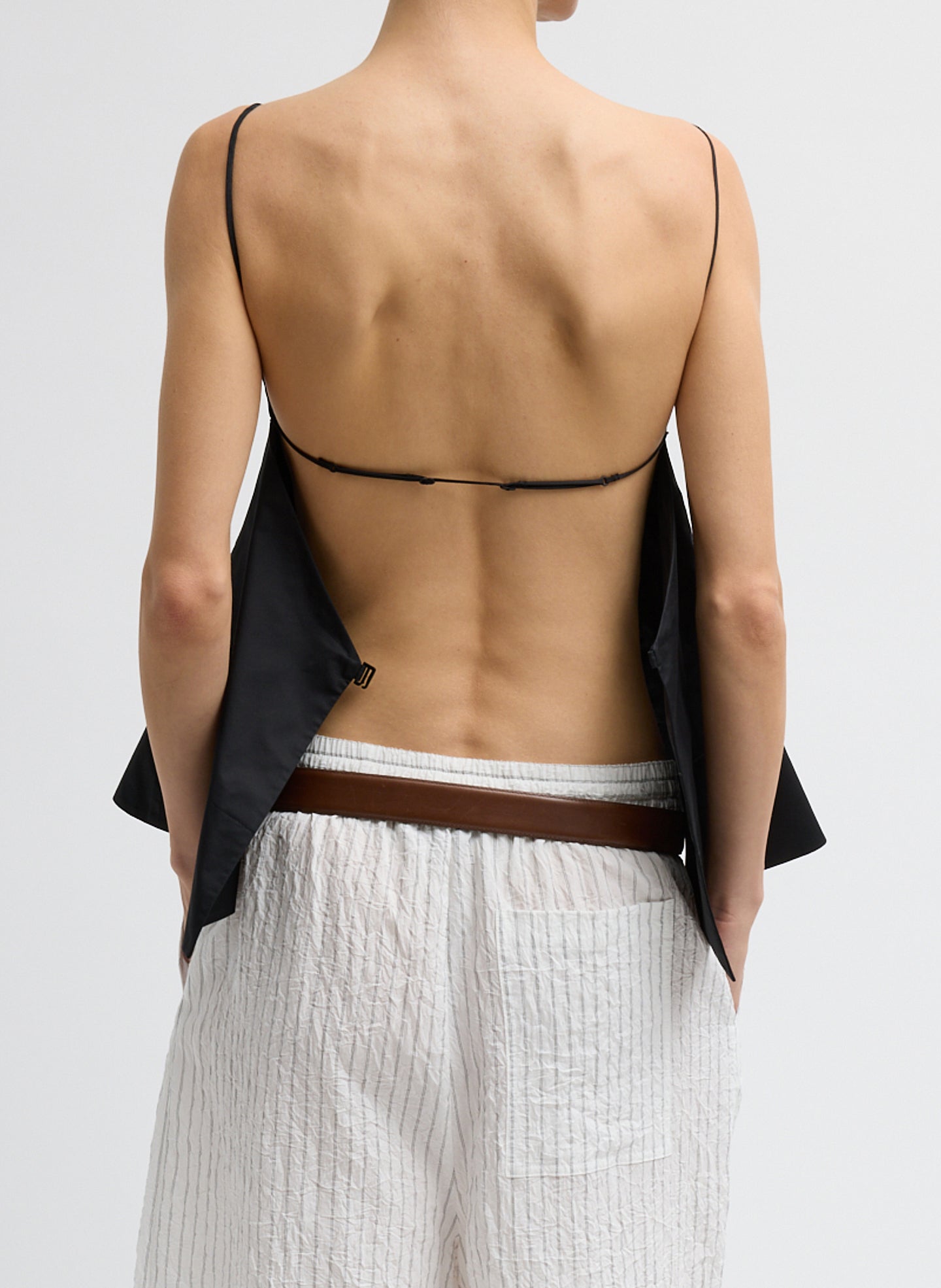 Black Eco Poplin Strappy Open Back Top - back view on model