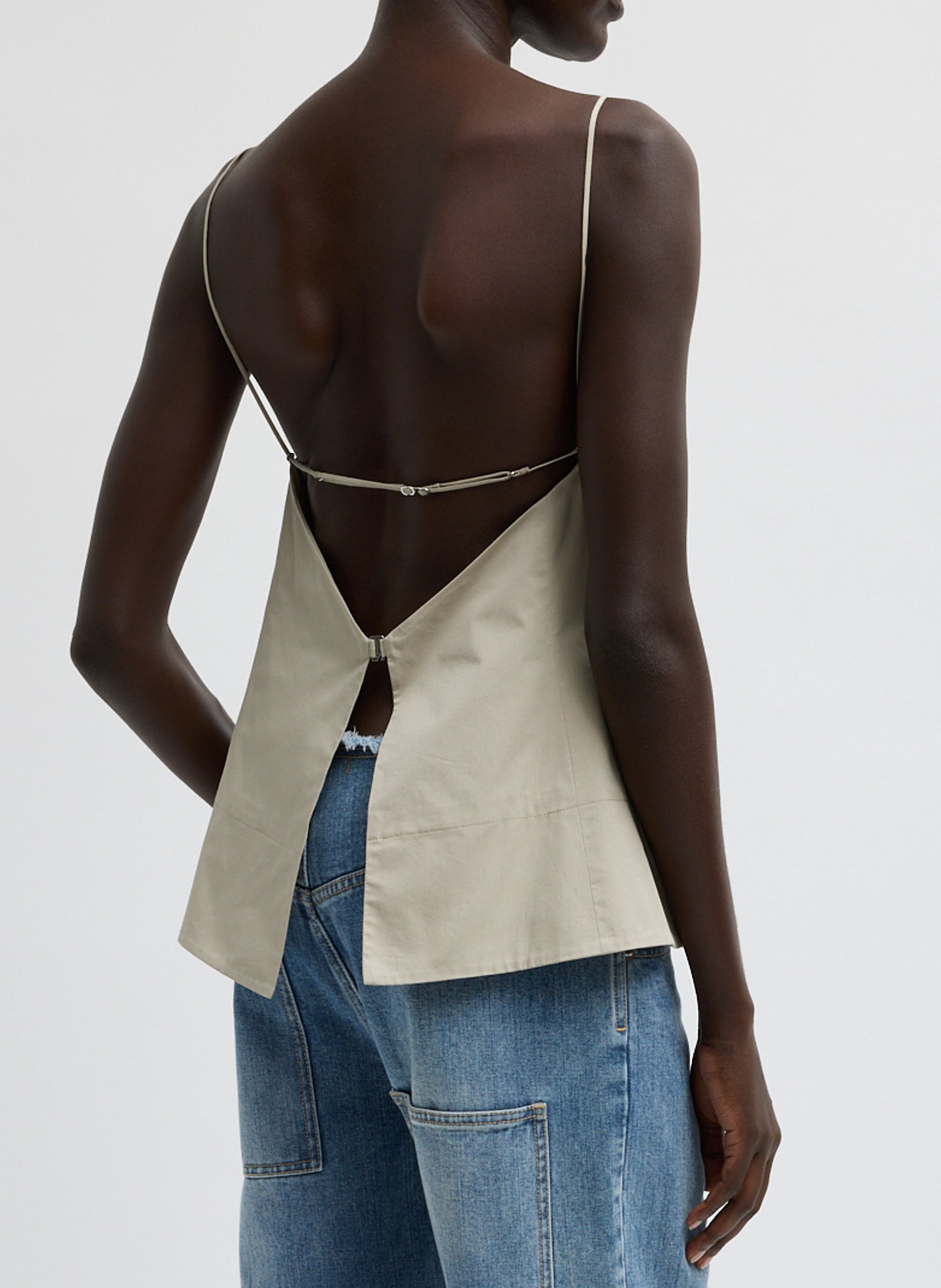 Beige Eco Poplin Strappy Open Back Top - side view on model