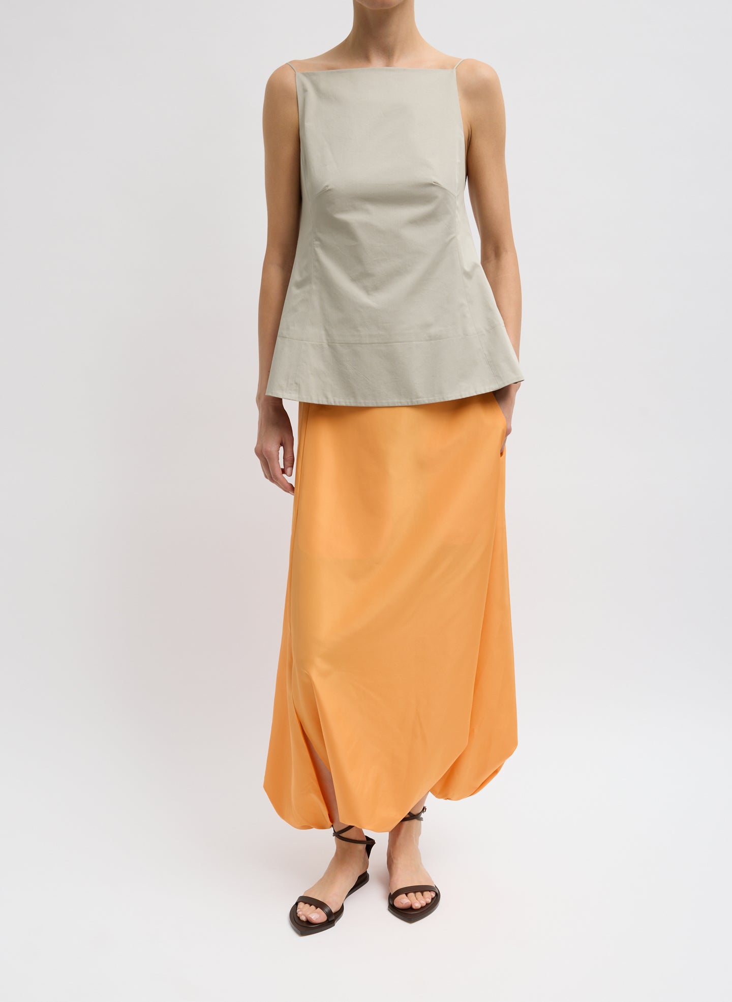 Beige Eco Poplin Strappy Open Back Top - full look, front view on model