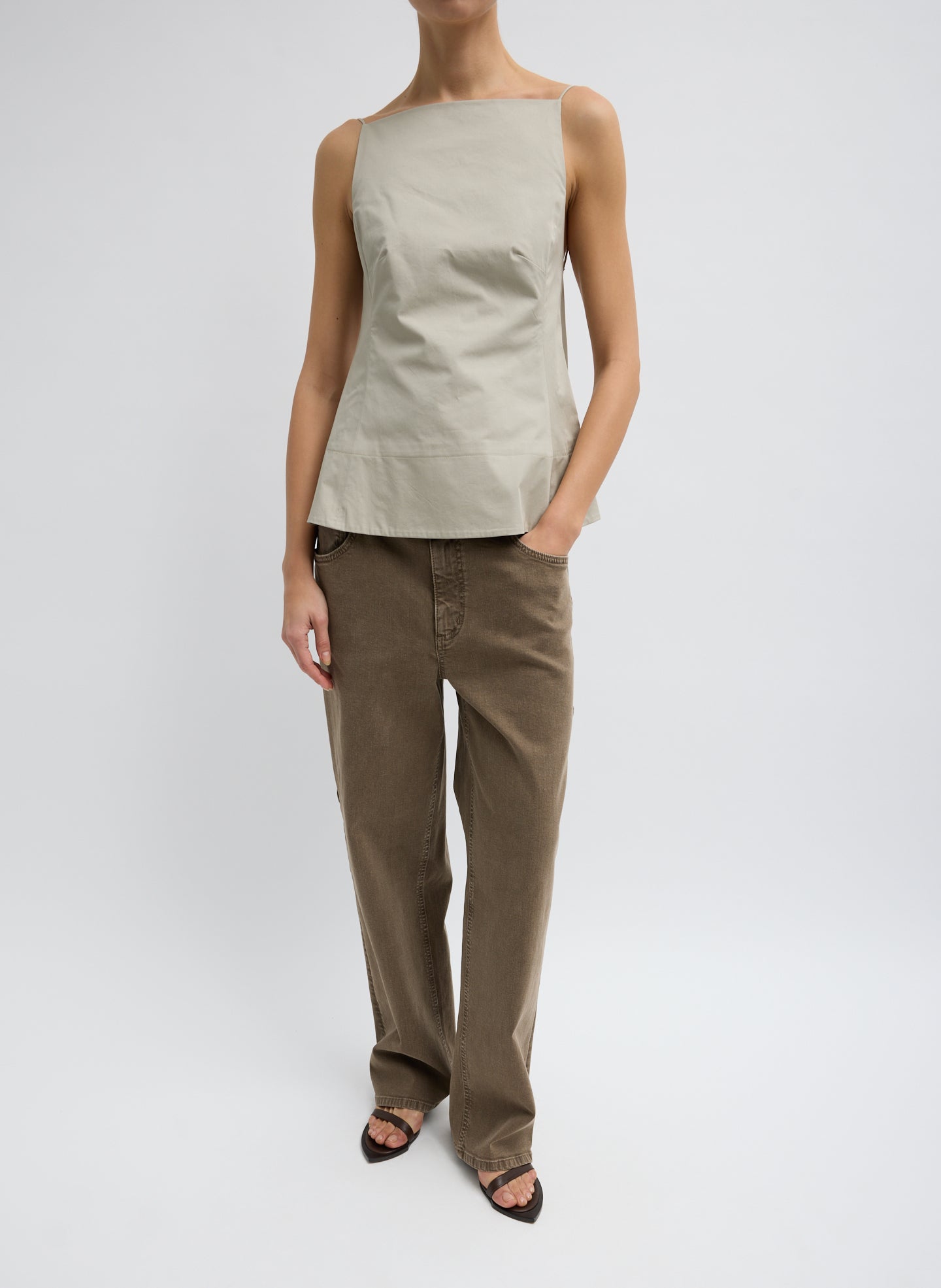 Beige Eco Poplin Strappy Open Back Top - full look, front view on model