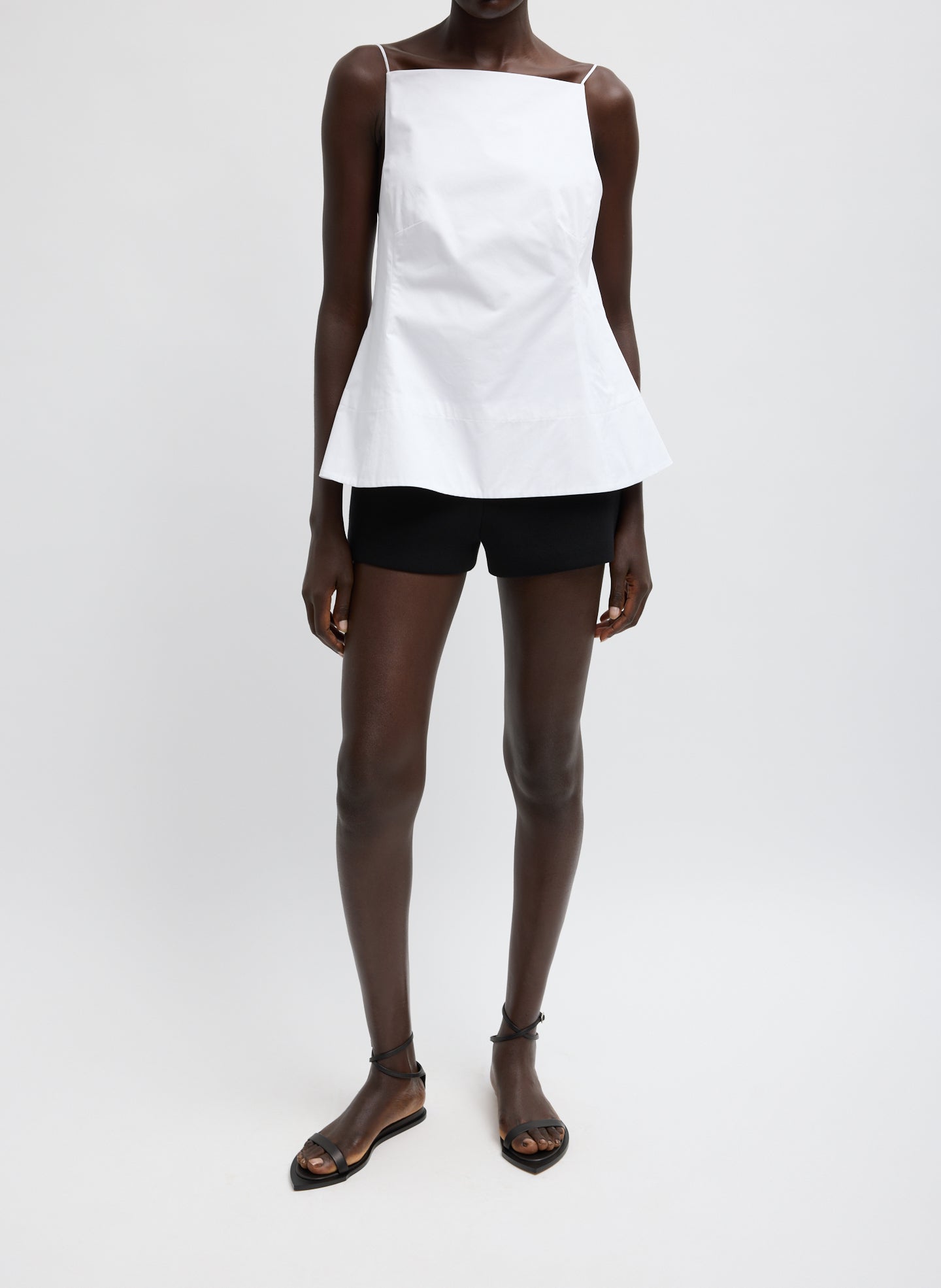 White Eco Poplin Strappy Open Back Top - full look, front view on model