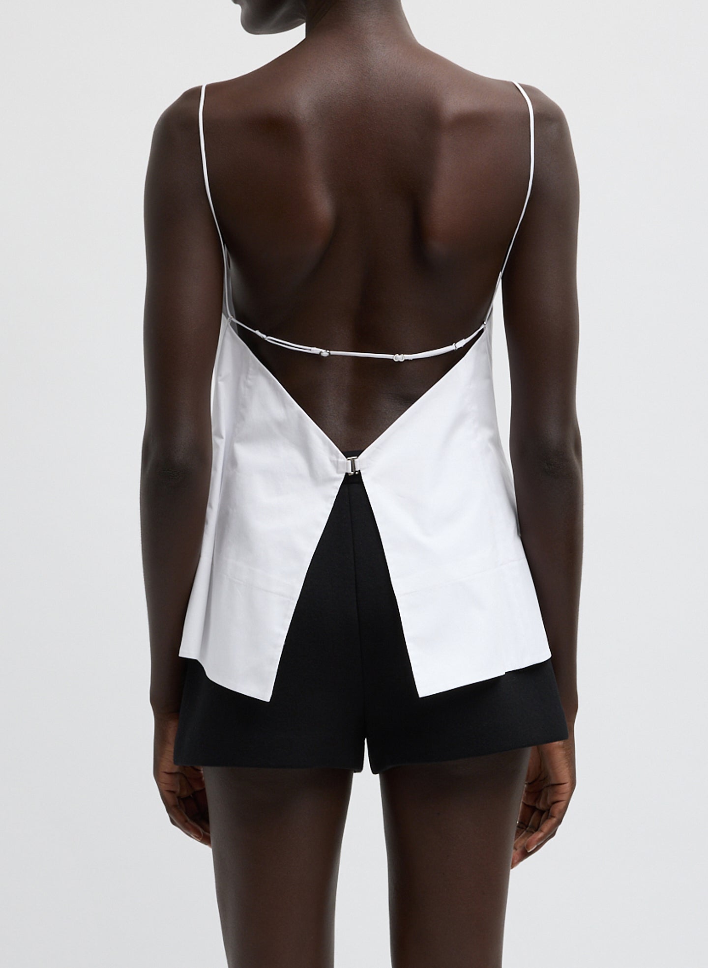 White Eco Poplin Strappy Open Back Top - back view on model