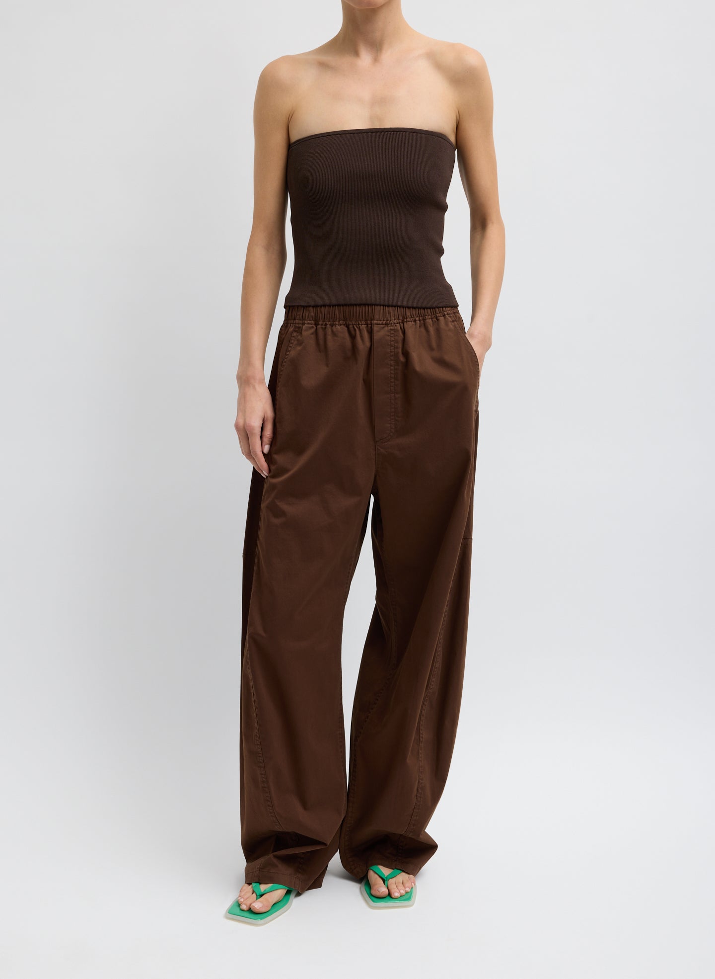 Garment Dyed Silky Cotton Winslow Pull On Pant - Brown Garment Dyed Silky Cotton Winslow Pull On Pant - lounge pants, front view on model