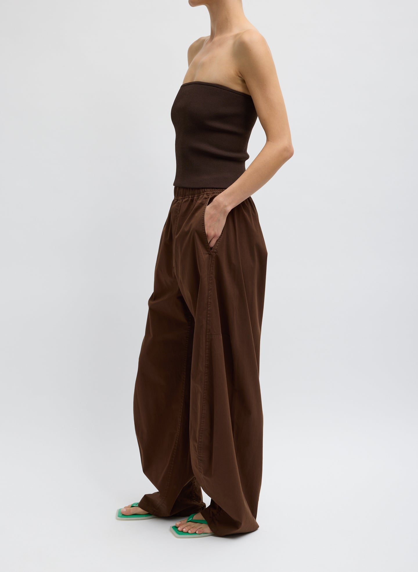Brown Garment Dyed Silky Cotton Winslow Pull On Pant - lounge pants, side view on model