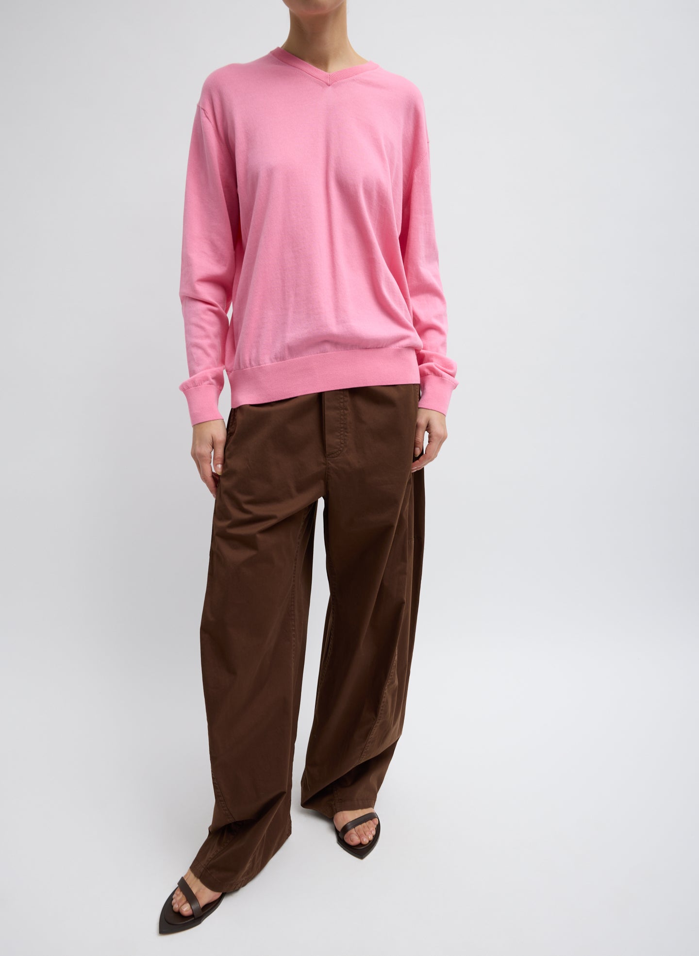 Brown Garment Dyed Silky Cotton Winslow Pull On Pant - full look, front view on model