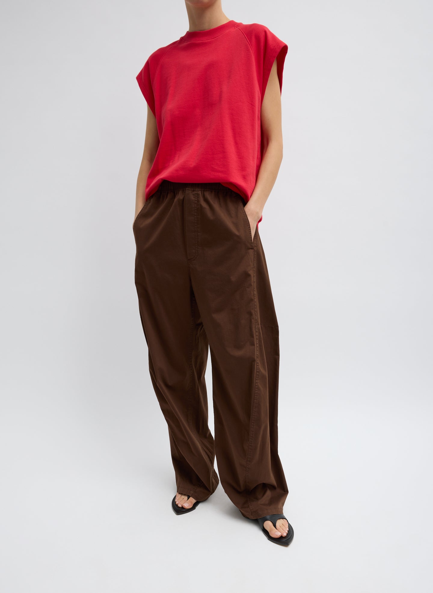 Brown Garment Dyed Silky Cotton Winslow Pull On Pant - full look, front view on model