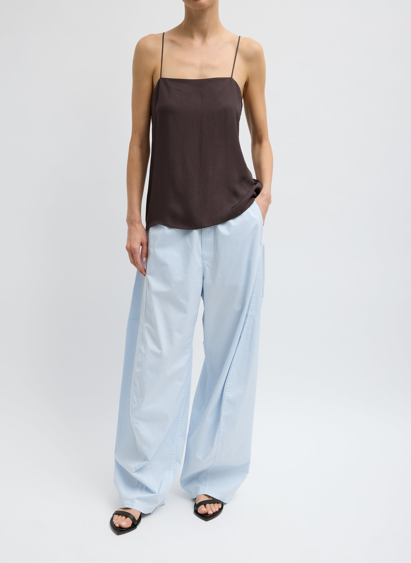 Garment Dyed Silky Cotton Winslow Pull On Pant - Pale Blue Garment Dyed Silky Cotton Winslow Pull On Pant - lounge pants, front view on model