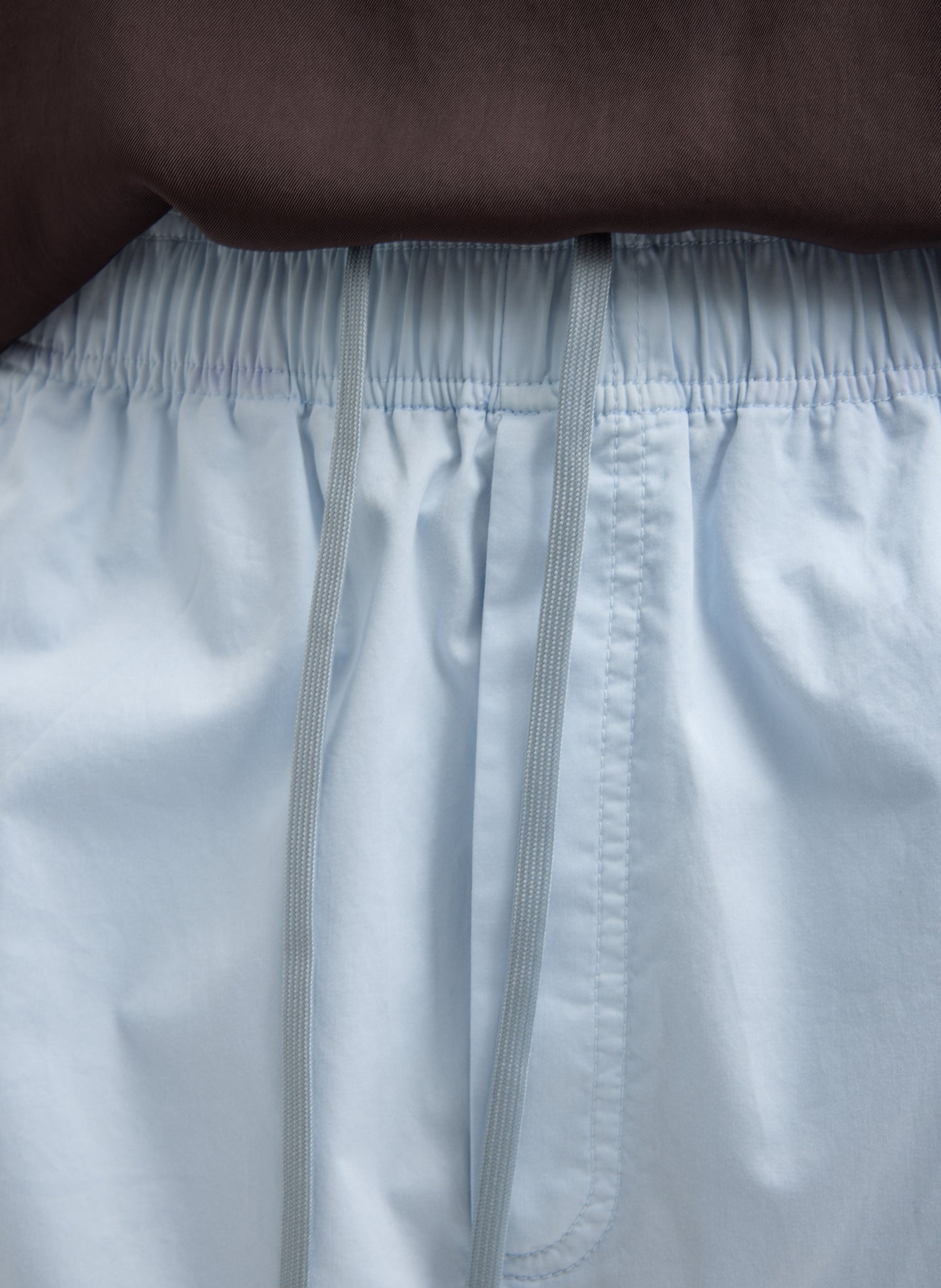 Pale Blue Garment Dyed Silky Cotton Winslow Pull On Pant - closeup of drawstring detail